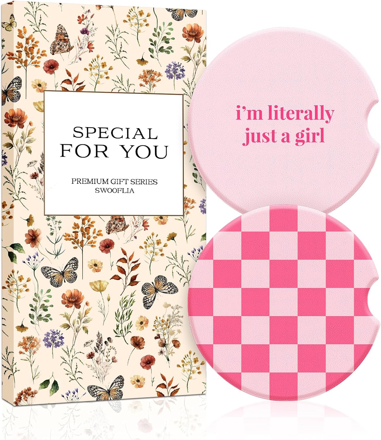Swooflia Car Coasters for Women - Checkered Ceramic Car Cupholder Coaster Cool Absorbent Mat Coaster with Cork Base 2 Pack Automotive Cup Holder Accessories New Driver Gifts for Decor