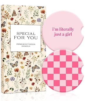 Swooflia Car Coasters for Women - Checkered Ceramic Car Cupholder Coaster Cool Absorbent Mat Coaster with Cork Base
