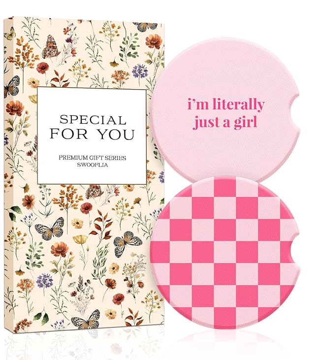 Swooflia Car Coasters for Women - Checkered Ceramic Car Cupholder Coaster Cool Absorbent Mat Coaster with Cork Base