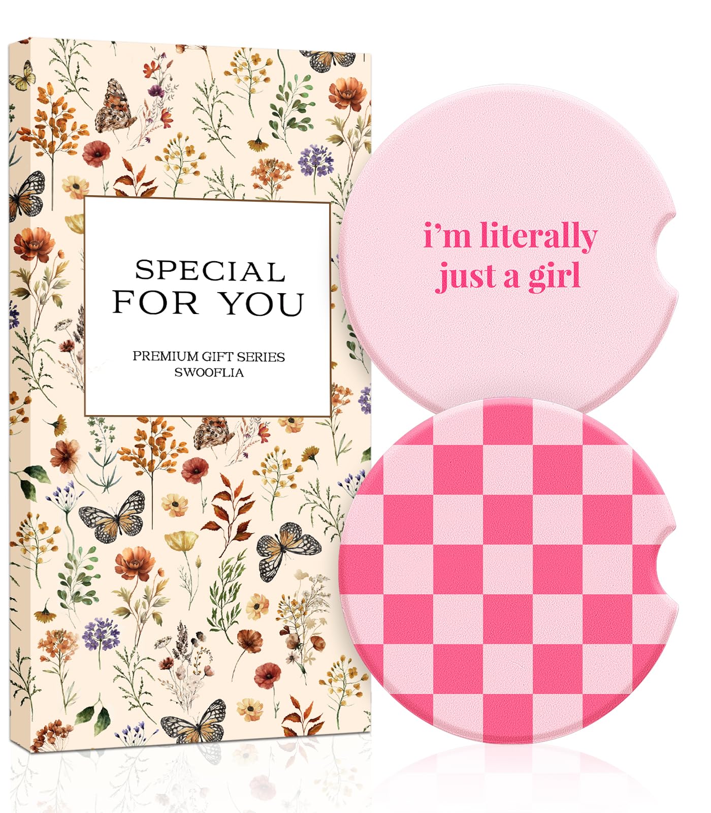 Swooflia Car Coasters for Women - Checkered Ceramic Car Cupholder Coaster Cool Absorbent Mat Coaster with Cork Base