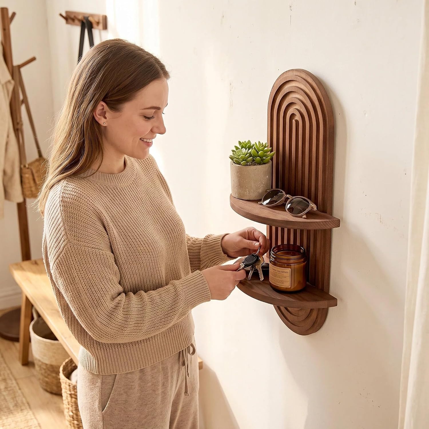 Boho Wall Shelf, Wooden Floating Shelf for Boho Decor, Scandinavian Style Shelf for Entryway Living Room Bedroom Bathroom Kids Room