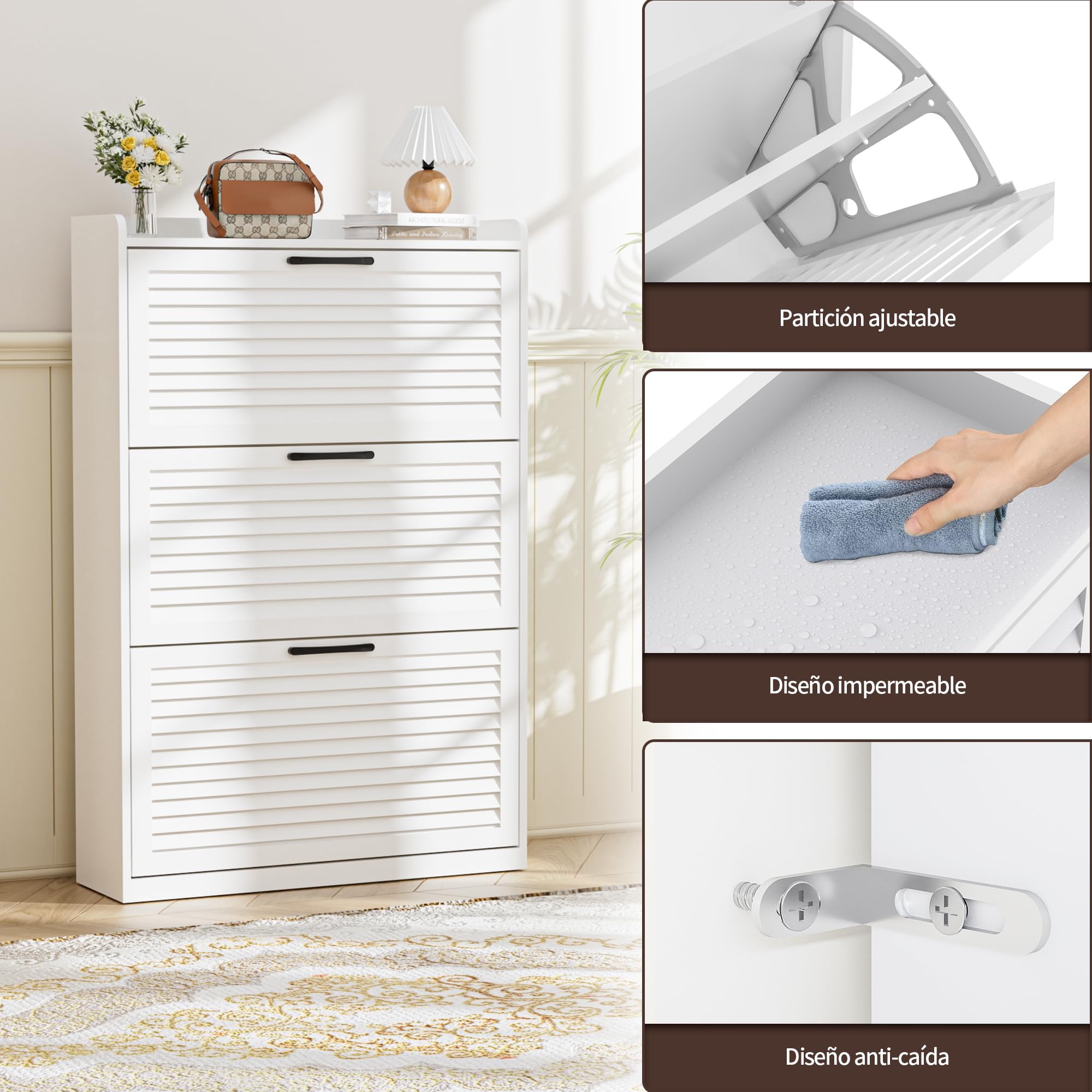 BonVache Mueble para Zapatos Estrecho, Armario basculante con Puerta de persianas, Mueble con 3 abatibles y 6 estantes Ajustables, Almacenamiento de Zapatos de Madera, 80x24x120 cm, Blanco