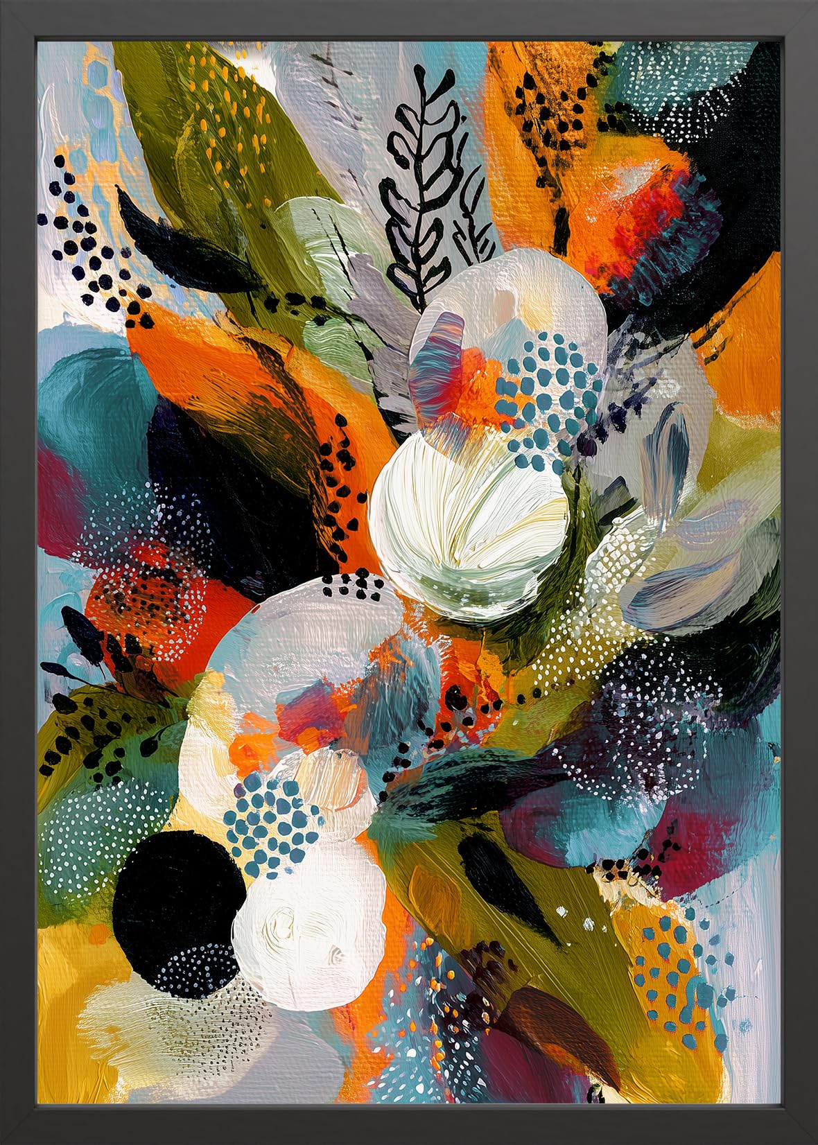 STYLER Bild Exotic Foliage 50 x 70 cm mit schwarzem Holzrahmen – Abstraktes florales Wandbild – Farbenfrohes Maximalismus Poster für modernes Wohnen