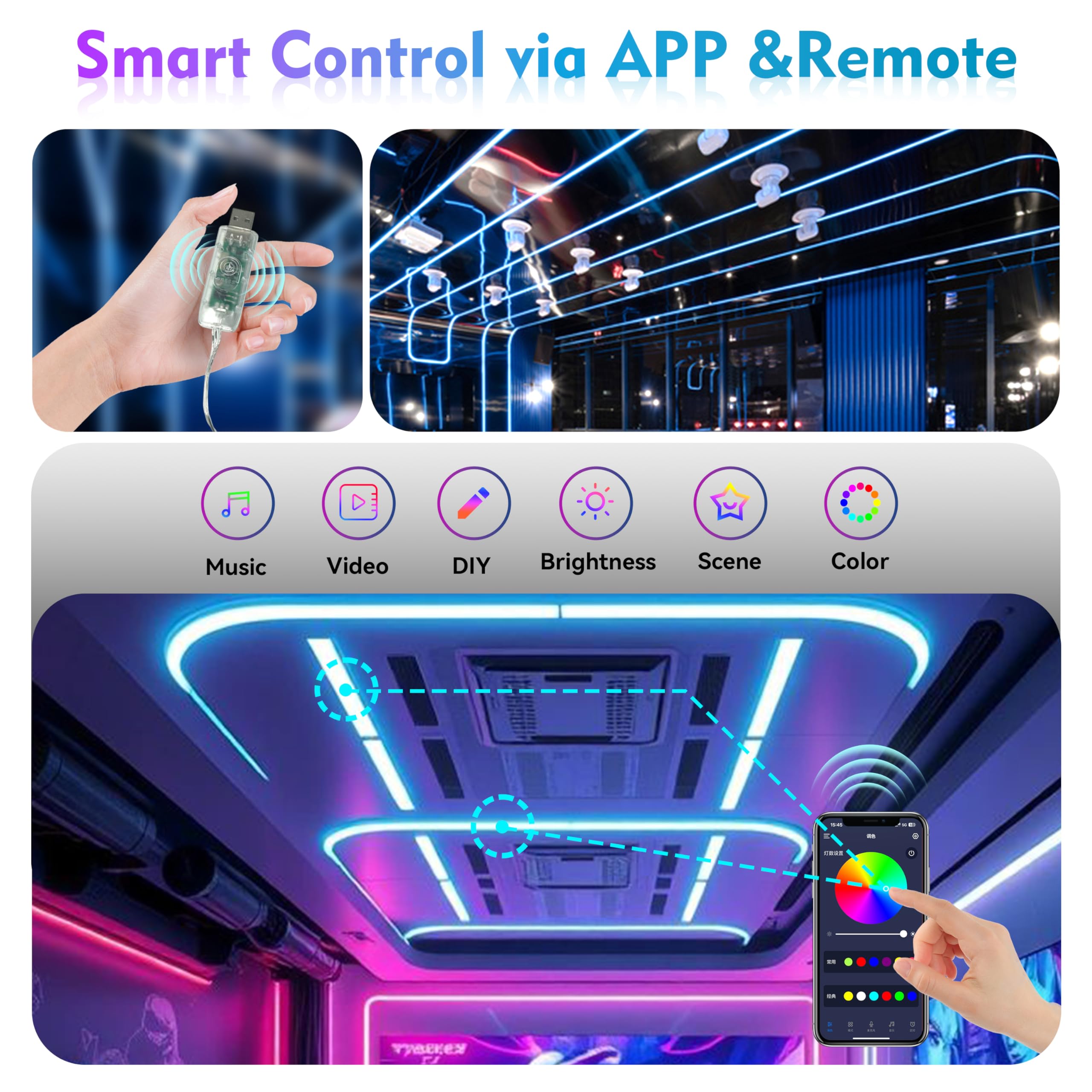 Tira de luces LED de neón de 10 pies, tira de sincronización de música impermeable con control remoto y aplicación, iluminación flexible alimentada por USB para decoración de Navidad, Halloween, sala