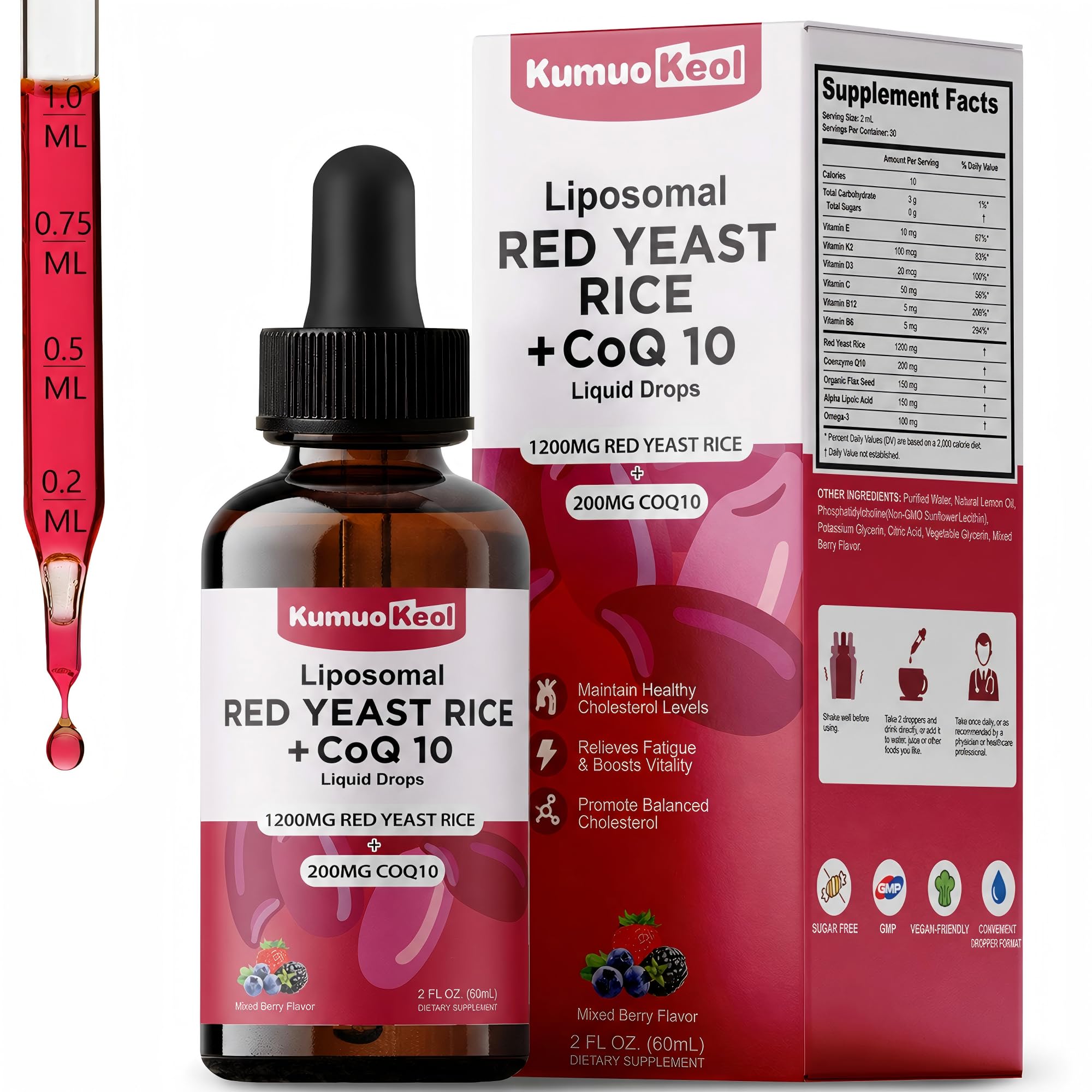 Liposomal Red Yeast Rice Liquid Drops with CoQ10 for Adults, 60 mL