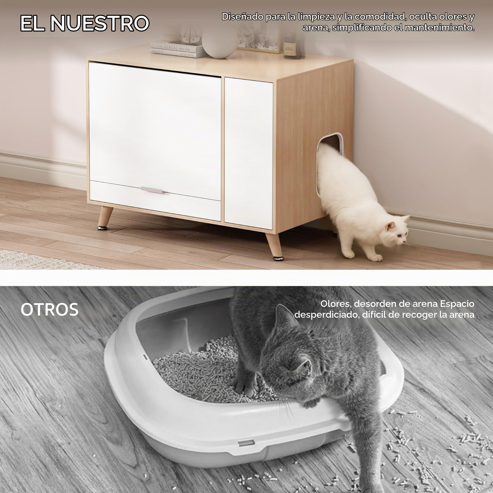 Mueble Arenero para Gatos, Mueble para Esconder la Arena con Puerta Abatible y Bandeja Extraíble, Casa para Gatos con Entrada Lateral y Almacenamiento, Tono Madera