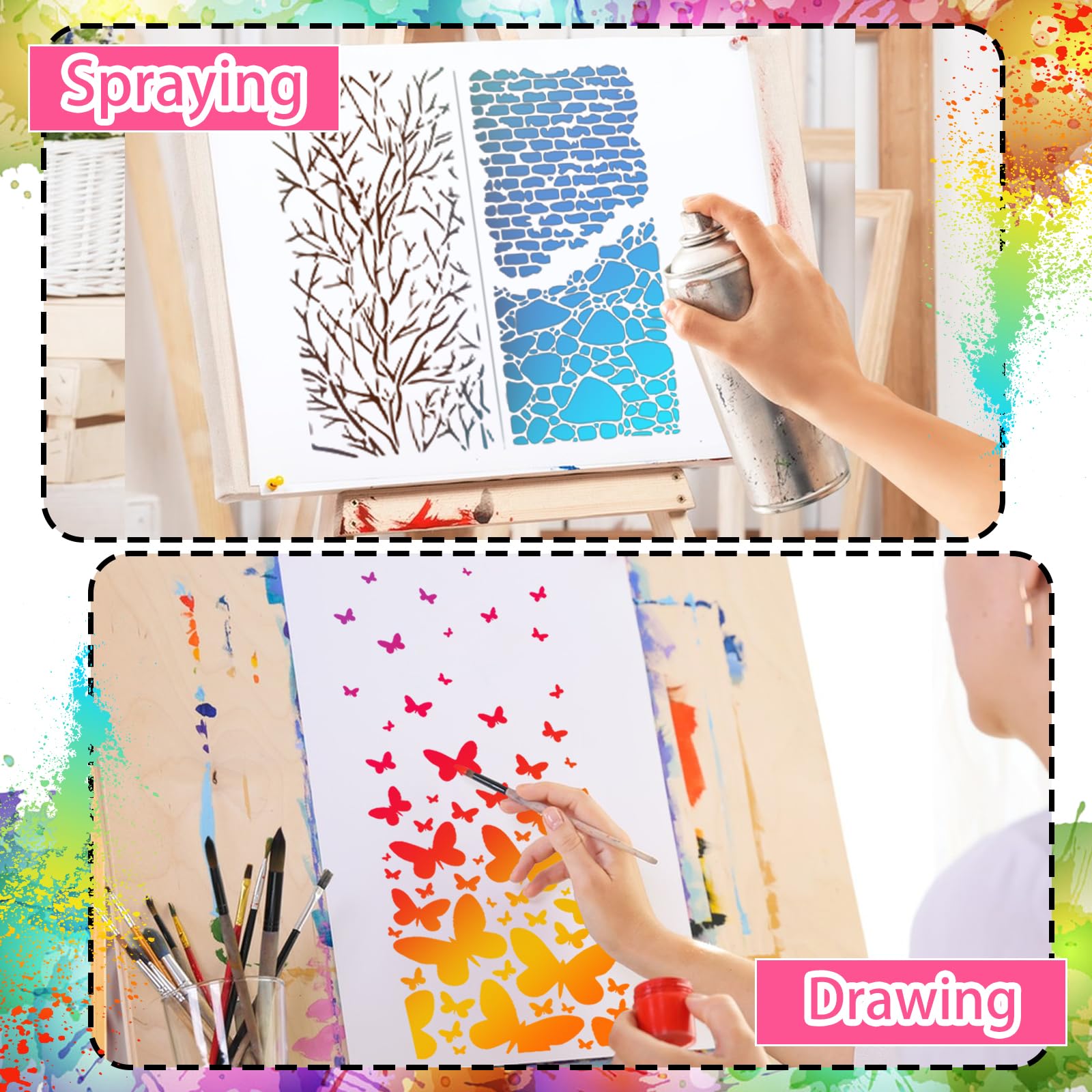 MWOOT 8 Pezzi Stencil per Pittura Riutilizzabili, Stencil Modelli di Pittura Texture Note Musicali Rami Fiore in Plastica per Mobili Muro Legno Design Scrapbooking DIY 30 x15 cm