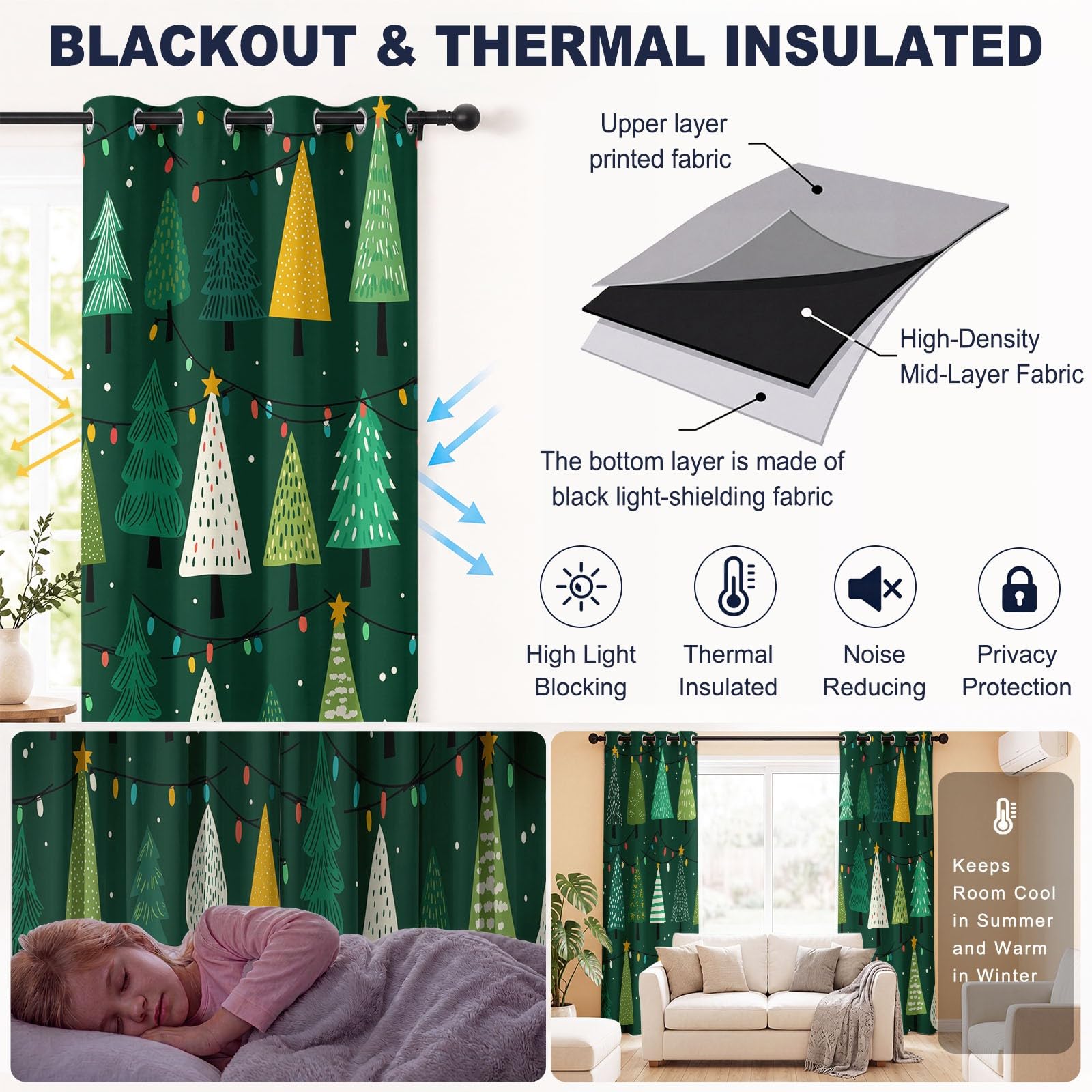 Verdunklungsvorhänge 2er Set mit Ösen, Blickdichte Gardinen Schalldämmend Lärmschutzvorhang für Kinderzimmer Wohnzimmer Festlich Weihnachten Fröhlich Weihnachtsbaum Lichterkette, H 175 x B 140 cm