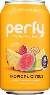 PERFY Soda Superfood Nootropic Soft Drink | Low Sugar, Low Carb, Gluten Free, Caffeine Free, Keto Soda | All Natural Soft Drink Made With Real Fruit Juice, L-theanine & turmeric | 12 Pack (Tropical Citrus)