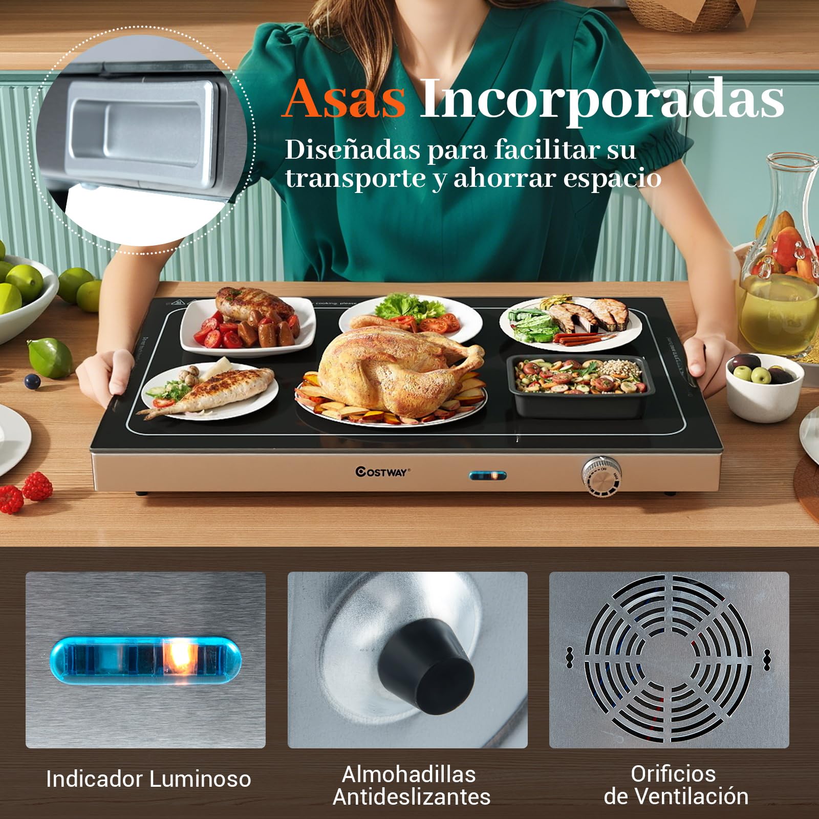 COSTWAY Bandeja Calentadora Eléctrica con Temperatura Ajustable, Calientaplatos de Vidrio Templado con Termostato para Buffets, Fiestas y Eventos