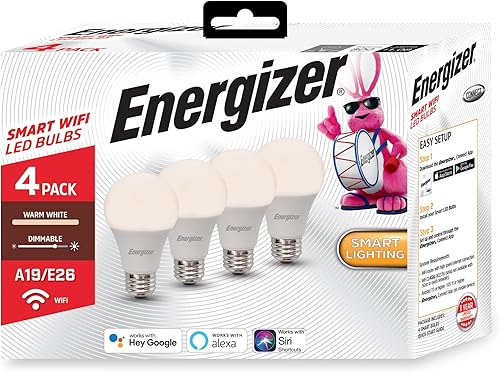 Energizer Connect Smart A19 Bombilla LED blanca cálida con control de voz y acceso remoto a través de tu teléfono inteligente  Compatible con Alexa
