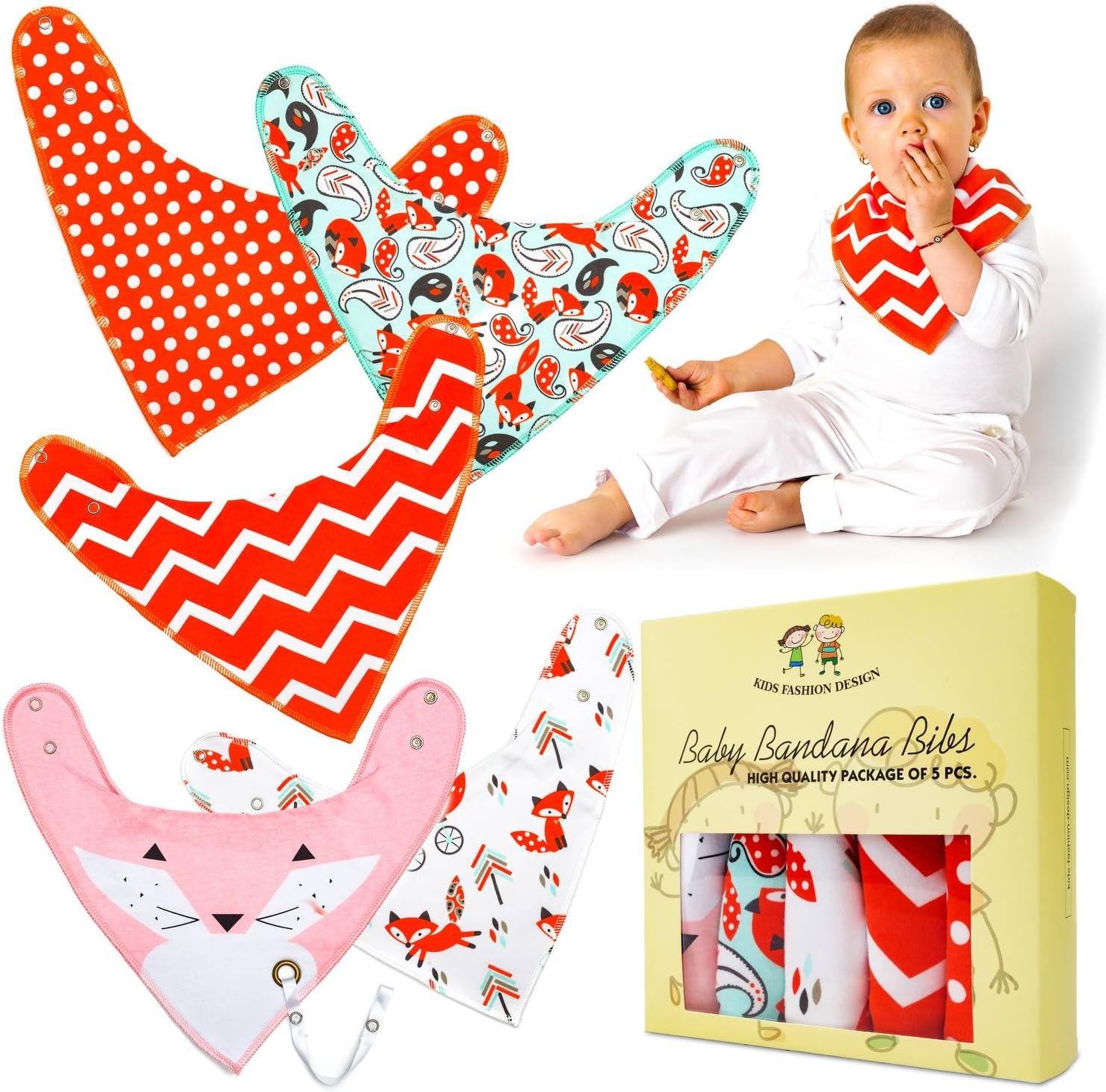 Baby Bandana Drool Bibs +1 Pacifier Clip in a Gift Box, Pack of 4+1 Premium Quality for Boys and Girls, Organic Cotton