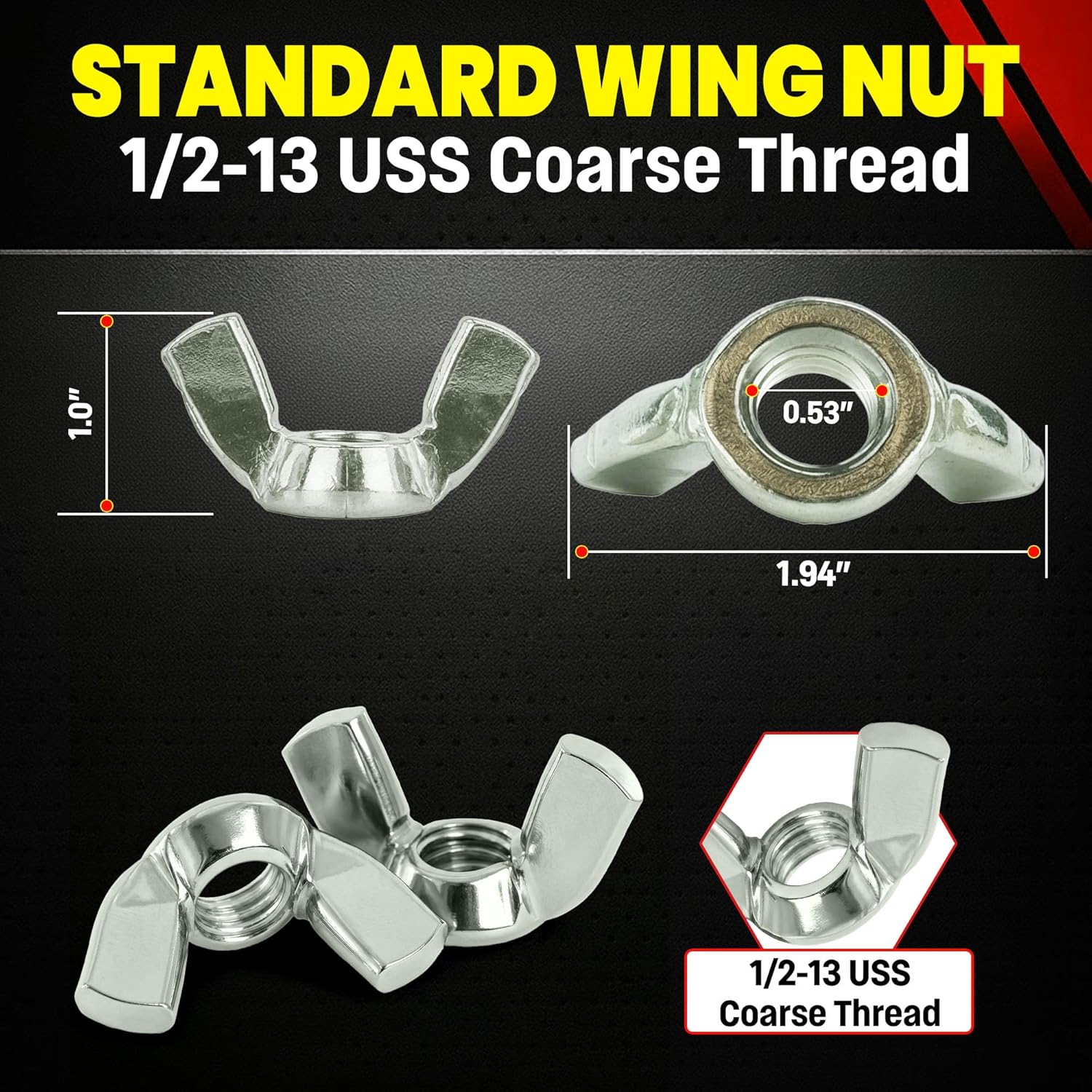 Chenango Supply 1/2-13 Stainless Steel Wing Nuts – 304 Stainless, USS Coarse Thread, 100,000–125,000 PSI Tensile Strength, Corrosion-Resistant Hardware Nuts, 25 Pieces (1/2-13 Wing Nut)