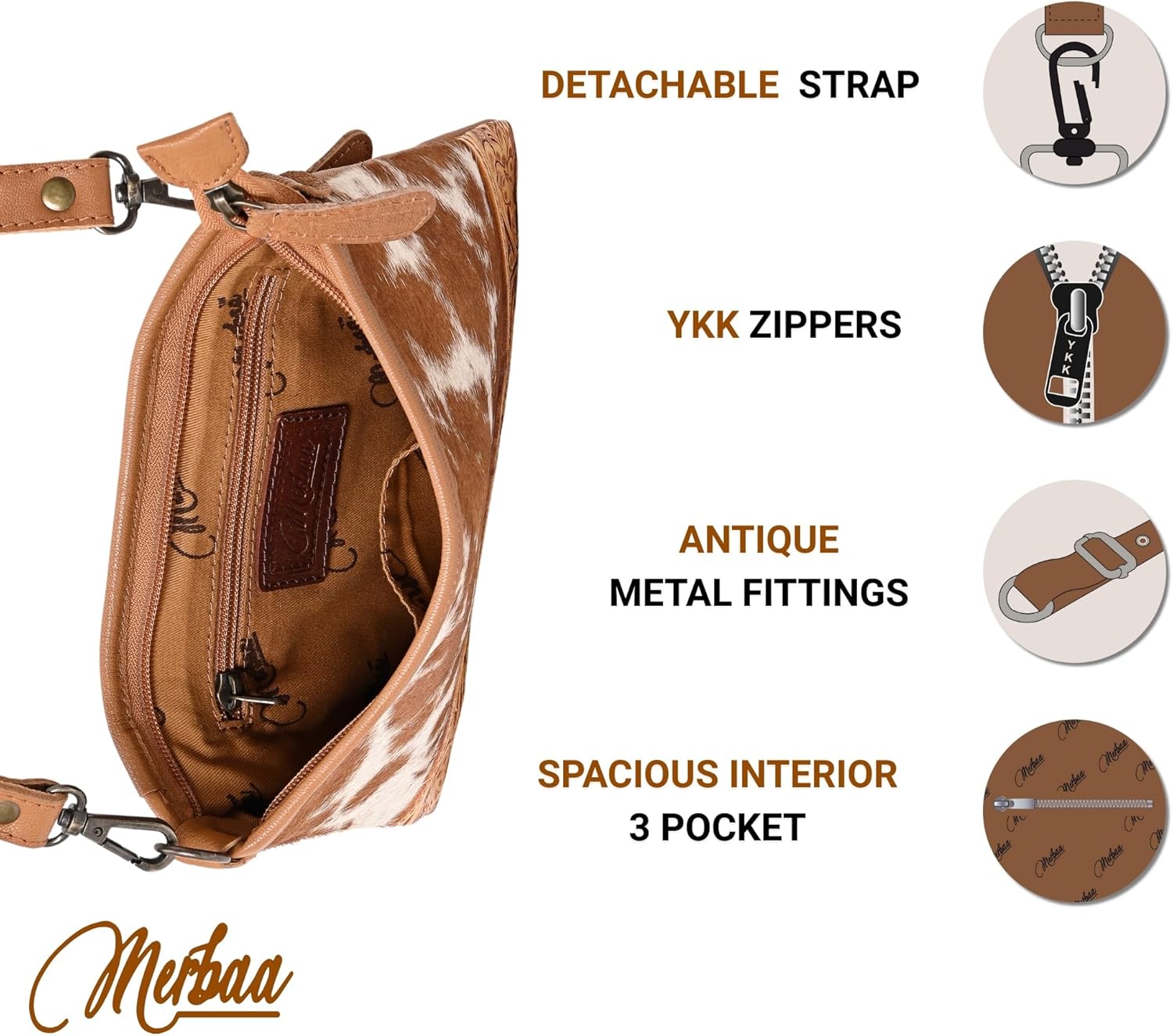Merbaa Western Cowhide Tooled Leather Small Crossbody Bag Cowgirl Fashion Purse with Adjustable Detachable Shoulder Strap
