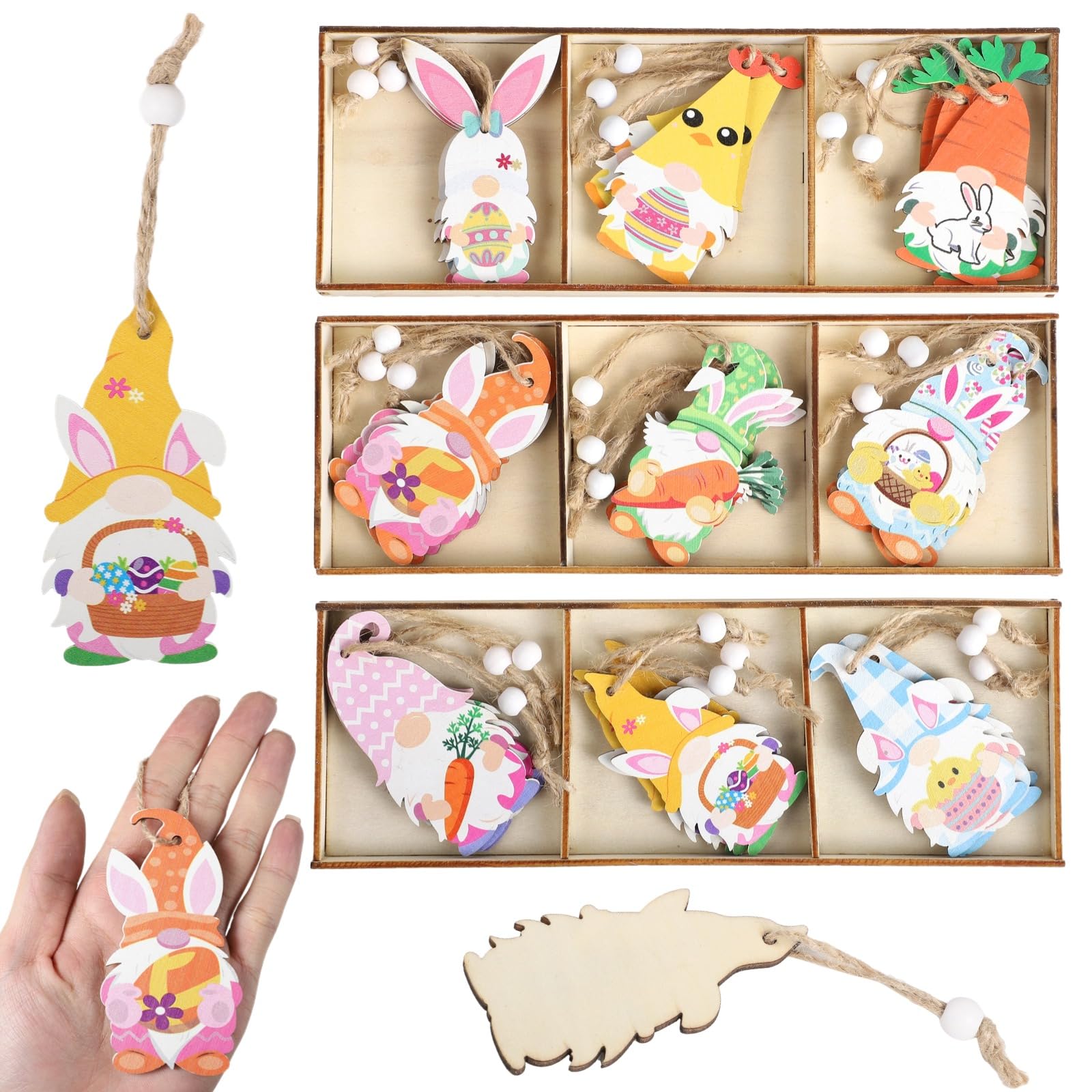 27 STK. Oster Holz-Hängedekoration GNOME, 9 Designs Oster Holzgnome, GNOME Osterhase Ei Hängeschmuck, Frühlingsbaumdeko aus Holz, GNOME mit Ablagen für Osterfeier und Fest