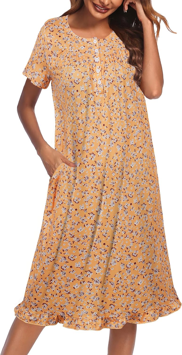 Ekouaer Nightgowns for Women with Pockets Button Front Short Sleeve House Dresses Floral Print Mumu Dress