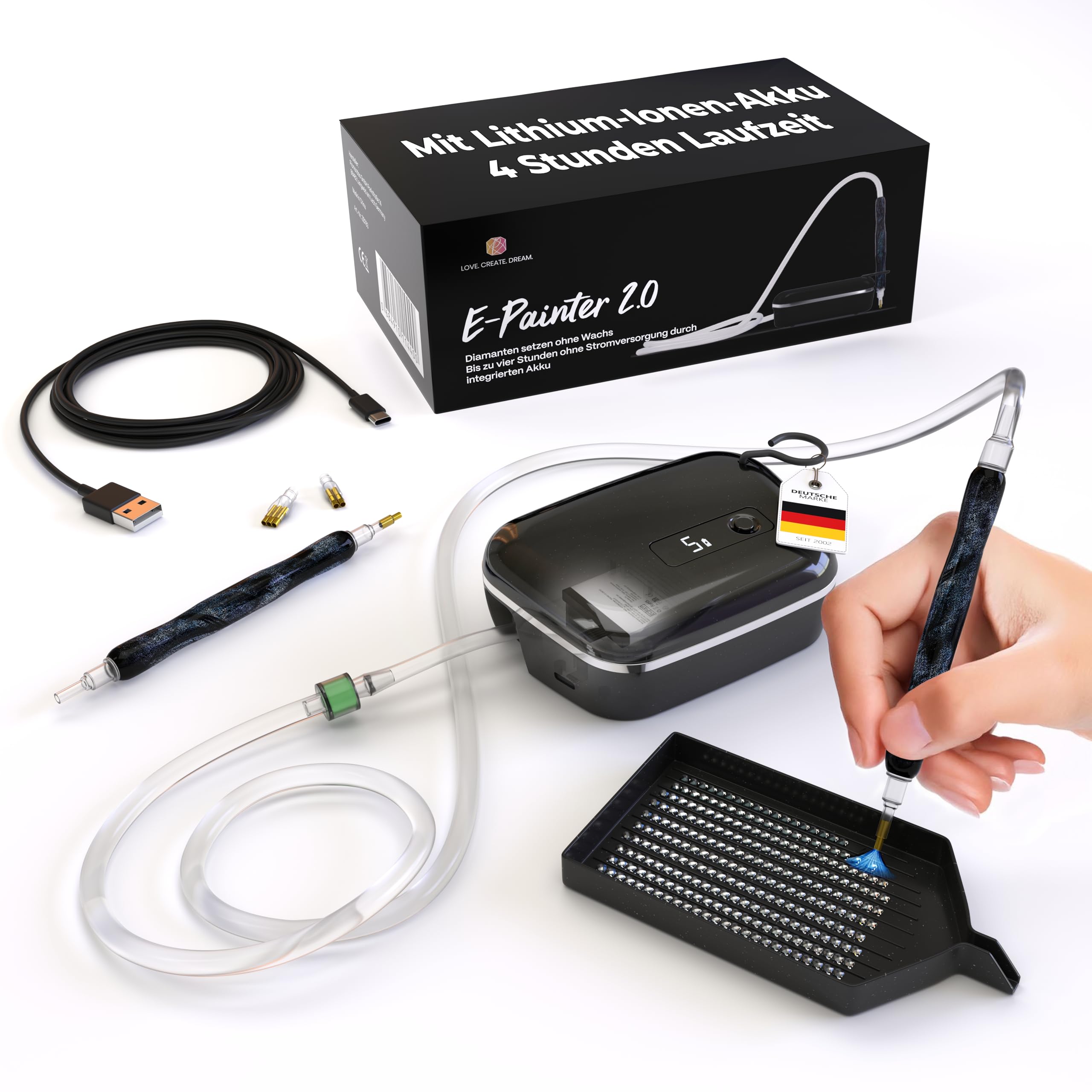 Picmondoo E-Painter 2.0 Black Edition Elektrischer Diamond Painting Stift 5 Leistungsstufen Display kabelloser Akku 11-teiliges Set