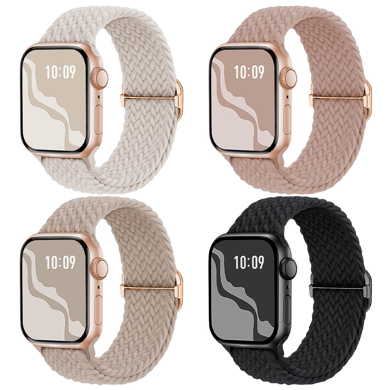 4 Pack Braided Stretchy Band Compatible with Apple Watch Bands Women Men | 40/41/38/42/44/45/46/49mm Breathable Nylon Elastic Daily Use Straps for iWatch Series 11/10 9 8 7 6 5 4 3 SE/Ultra 2