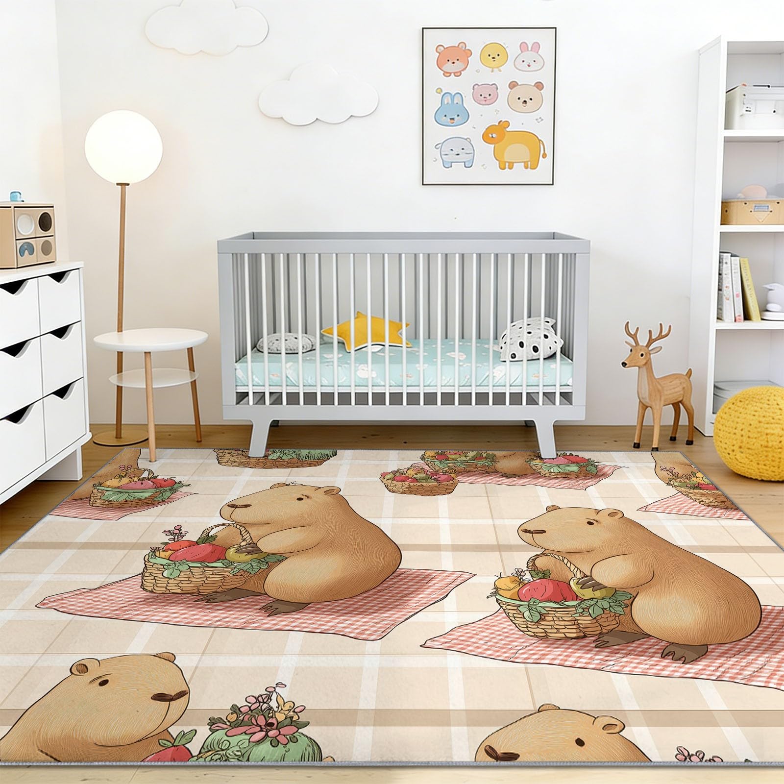 Kapibara w koszu dywan do pokoju dziecięcego antypoślizgowy spód do salonu, sypialni i pokoju dziecięcego nowoczesny dywan 160 x 230 cm, kolorowy