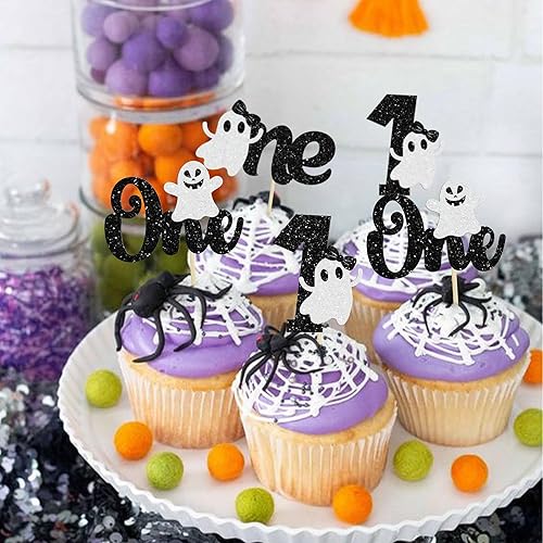 Miniatura 4 de Gyufise 24 decoraciones de fantasmas para el primer cumpleaños de Halloween para cupcakes con purpurina para primer cumpleaños, decoración