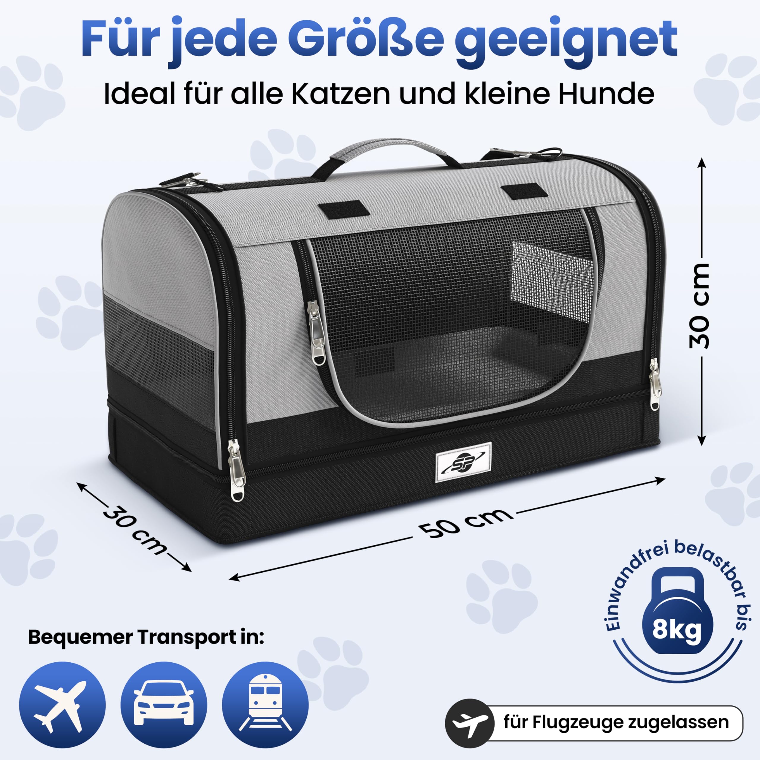 Smart-Planet® Transporttasche Katzen und Hunde mit abnehmbaren Boden - Faltbare Transportbox bis 8kg - 50x30x30 cm - mit Tragegurt für Urlaub, Reisen und Tierarzt