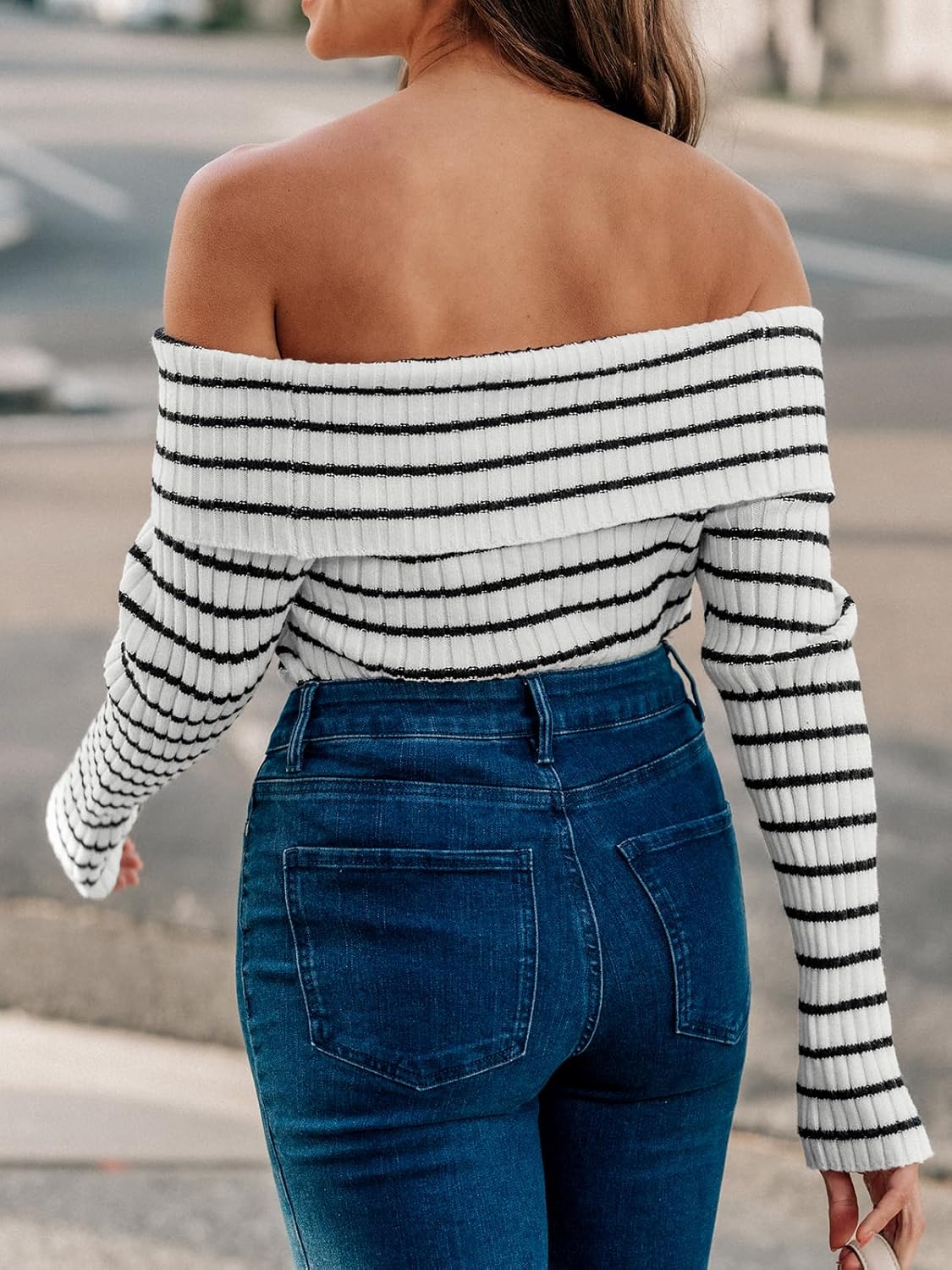 CUPSHE Women's Long Sleeve Sweater 2024 Fall Off The Shoulder Striped Sweater Tops - Image 2