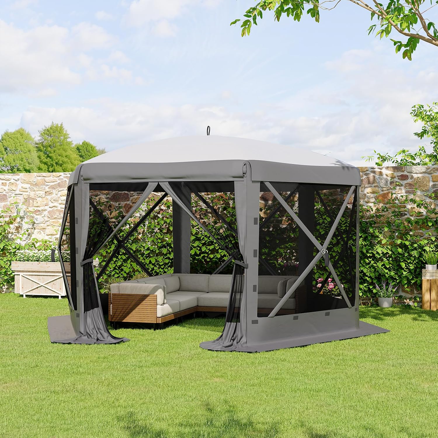 Garvee 13FT Pop Up Gazebo 6-Sided, Outdoor Canopy Tent with Mosquito Netting & Removable Wind Cloths for Camping, Backyard Parties, Outdoor Events, Grey