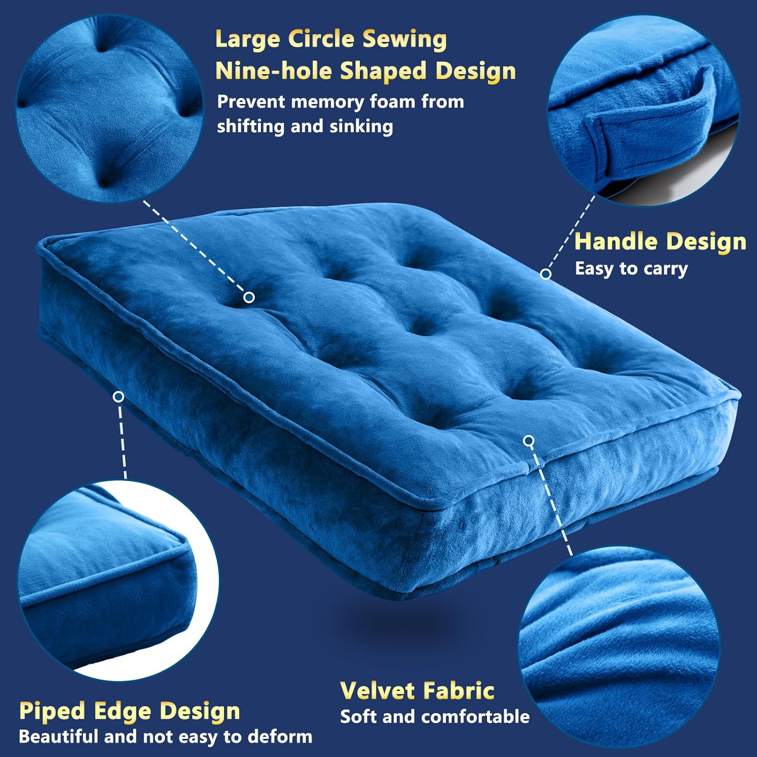 1 MIDDLE ONE Floor Pillow Set of 2, Memory Foam Meditation Cushion, Floor Cushions for Adults Sitting, Large Square Seat Cushions for Yoga, Couch, Sofa, Kids, Living Room, 20x20 Inch (Navy Blue)