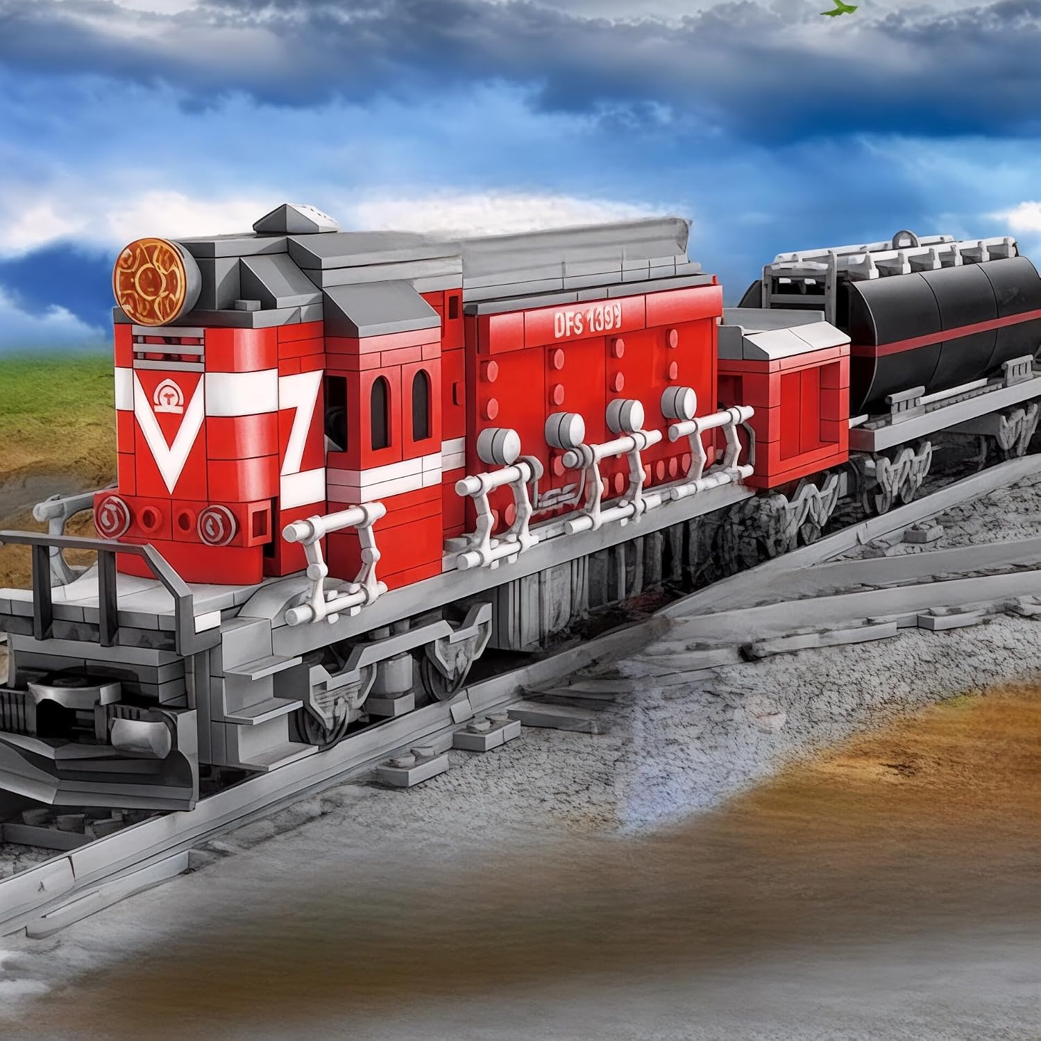 General Jim's Red Diesel Cargo Train Building Blocks Set - 1000+ Piece City Series with Automatic Running System, Railway Tracks, and Truck - L Gauge - Compatible w/Major Brick Brand Tracks - GJ-EBRT
