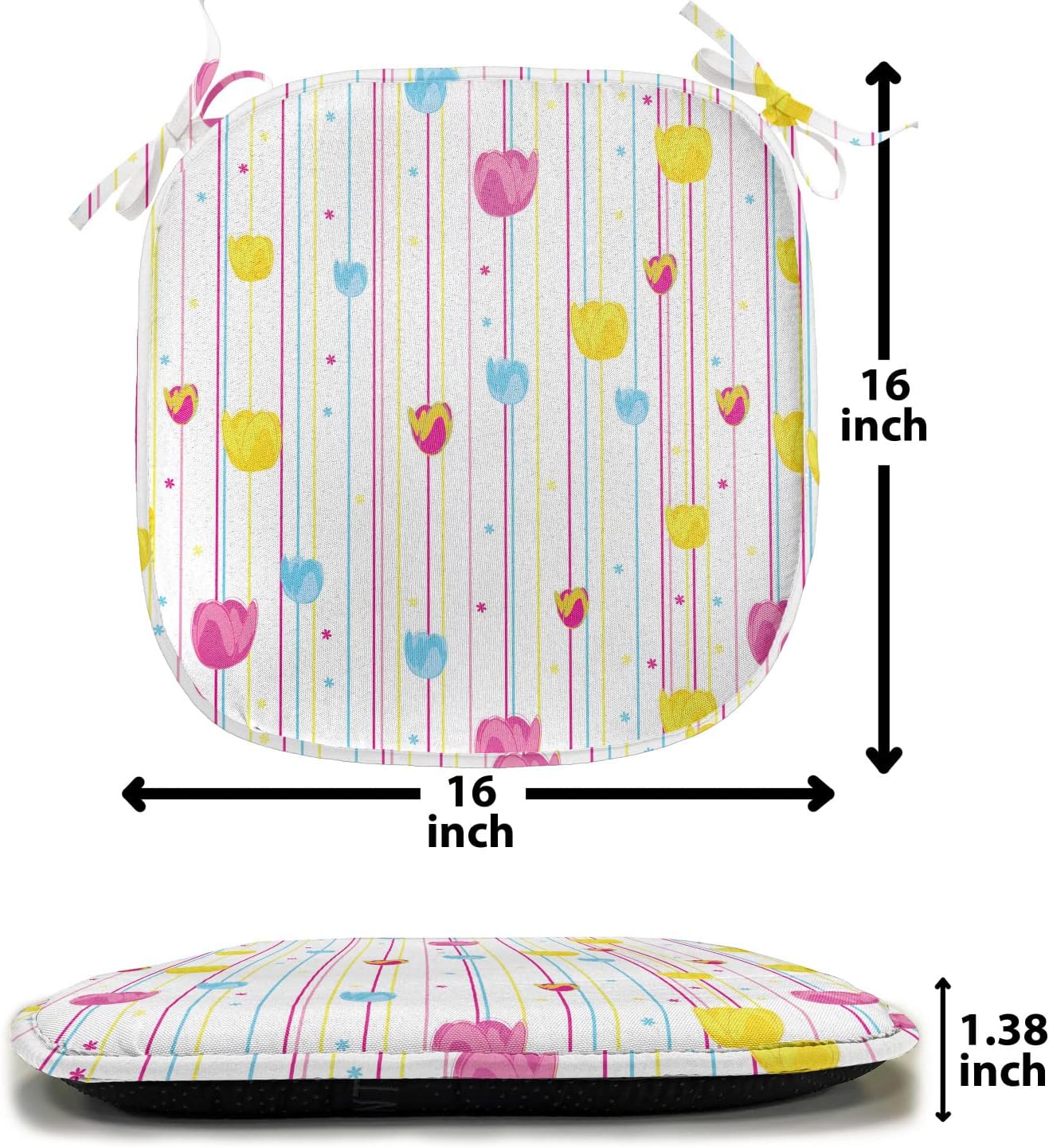 Ambesonne Yellow and Blue Chair Seating Cushion Set of 2, Vertical Thin Stripes with Little Flowers and Colorful Tulips, Anti-Slip Seat Padding for Kitchen & Patio, 16"x16", Pink Yellow Pale Blue