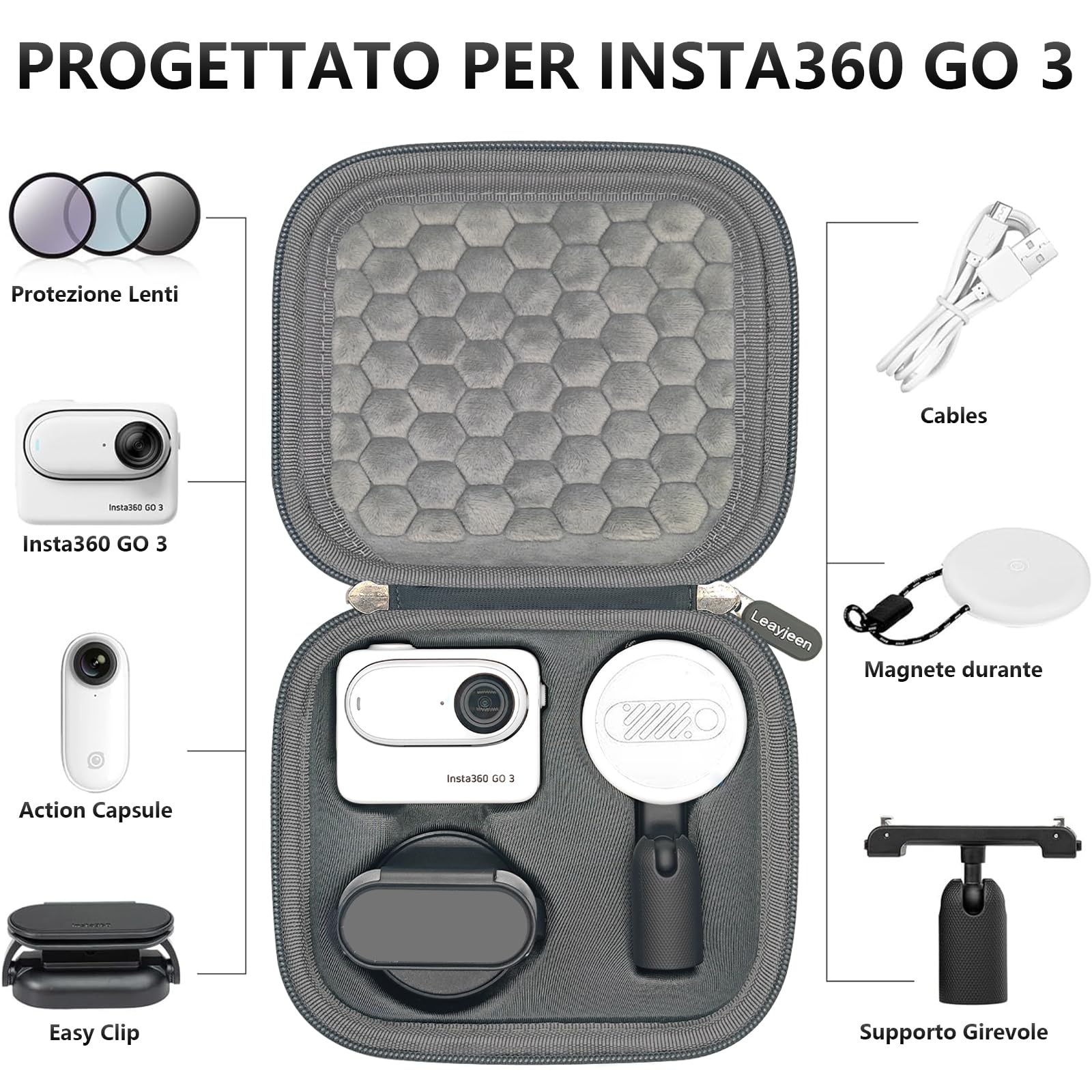 Leayjeen Custodia per Insta360 GO 3, Borsa da Viaggio per Action Camera Accessori per Insta360 GO 3, Accessori per Borse Protettive Perfetti per Sport e Attività All'Aria Aperta(Solo Custodia) Grigio