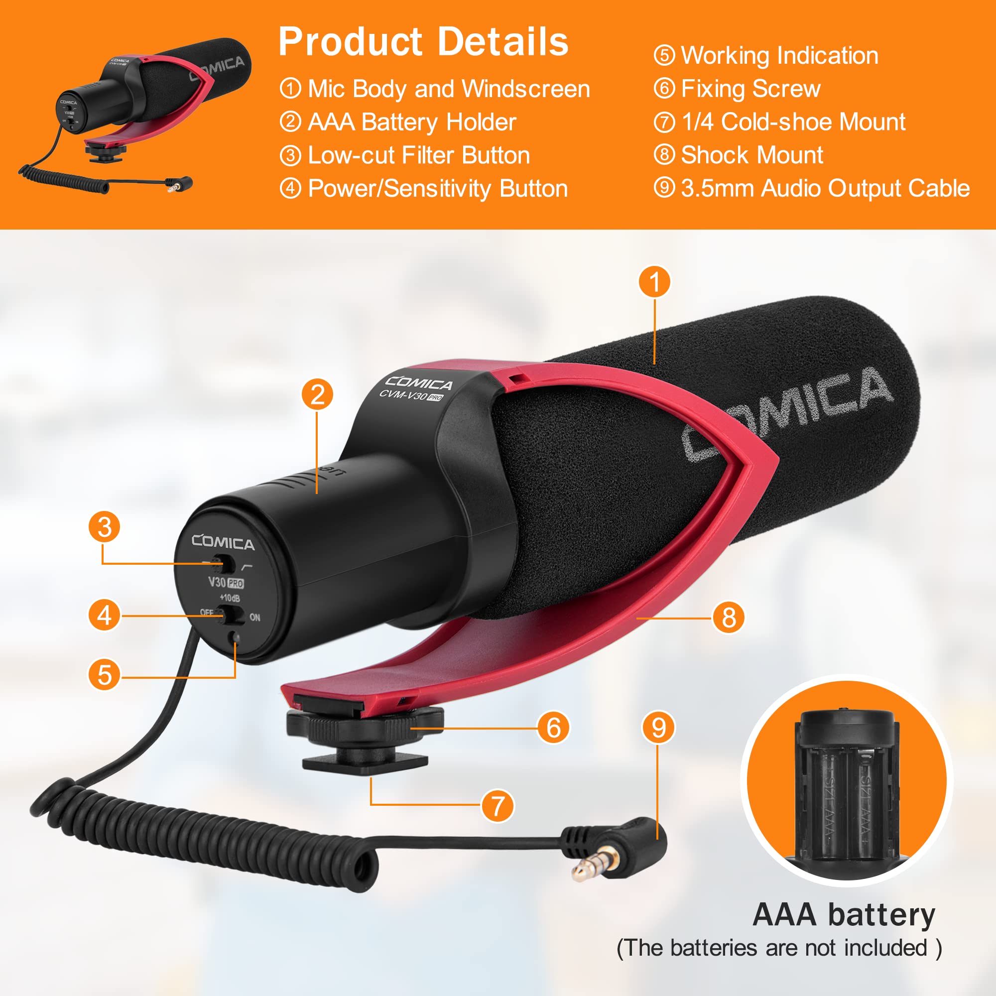 CVM-V30PRO R Super Cardioide Shotgun Camera Microfono video a Condensatore Mic per Sony Nikon Canon Panasonic Fuji Olympus DSLR Fotocamera/Videocamera/Camcorder(con Windmuff)