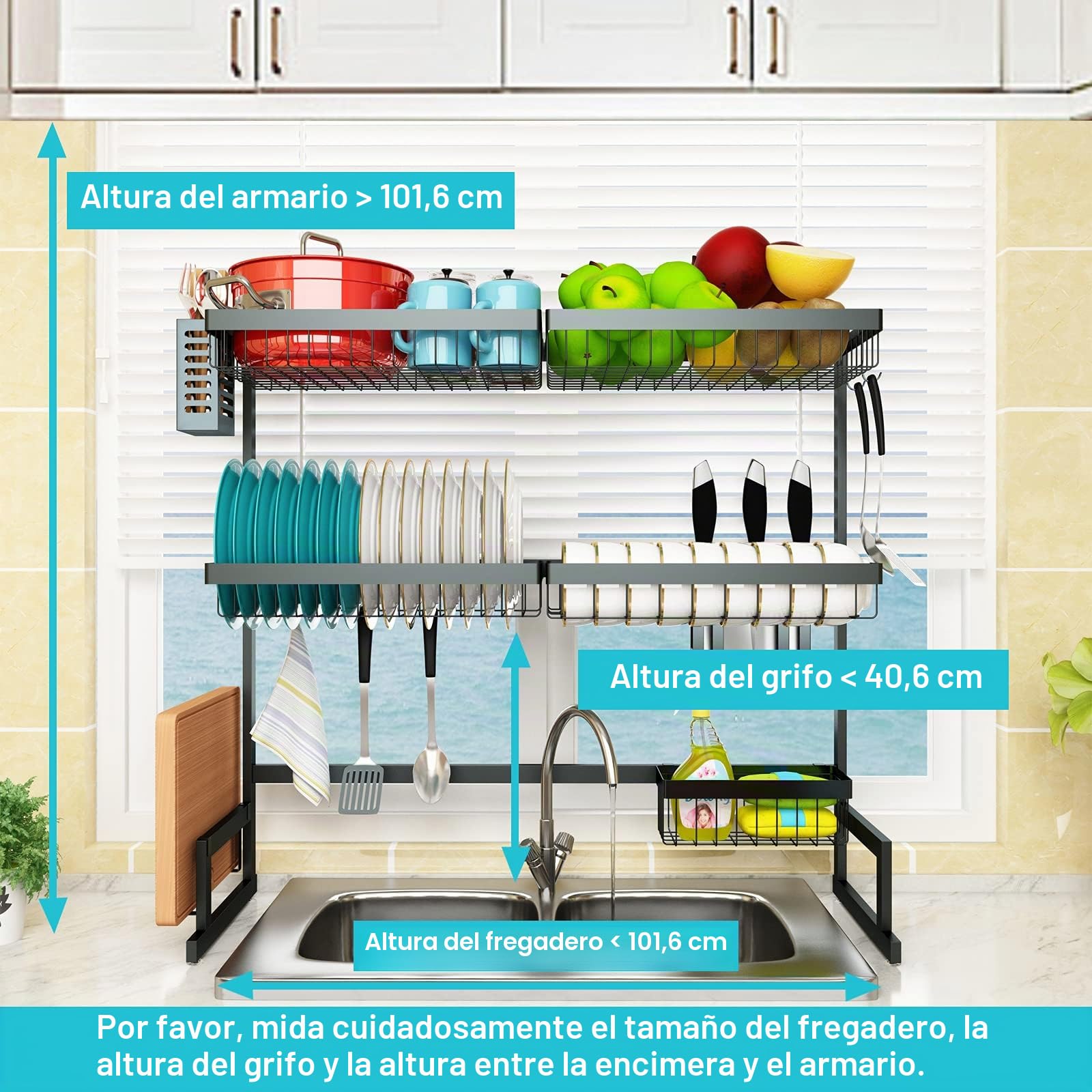Escurridor de platos sobre el fregadero, 3 niveles de acero inoxidable ajustable (33''-40'') escurridores de platos grandes para almacenamiento en mostrador (negro)
