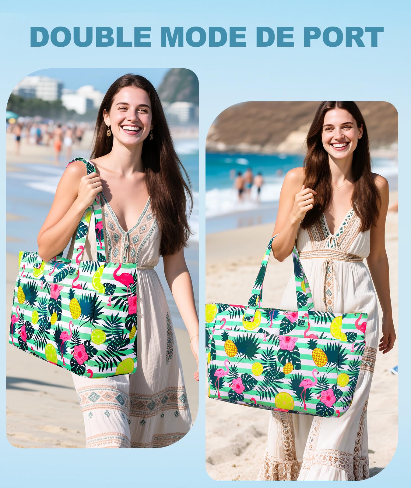 ISEYOU Grand Sac de Plage XXL Imperméable avec Fermeture Éclair, Sac Plage Pliable et Léger, Sacs de Plage Femmes Multi-Poches de Grande Capacité, Parfait pour Piscine, Shopping, Voyage, Vacances, Gym