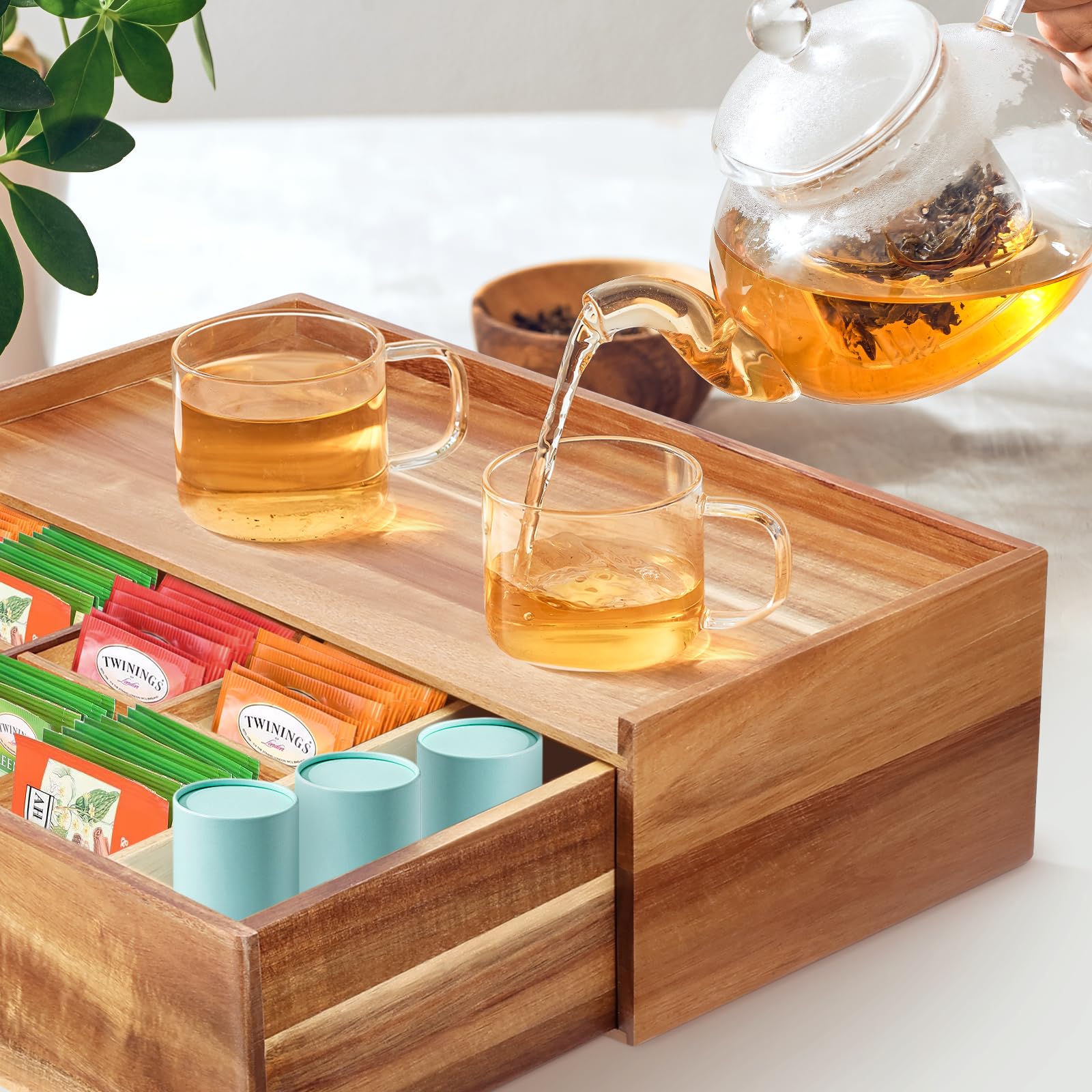 Organizador de bolsas de té de madera de acacia, organizadores de té y caja de almacenamiento, organizador de té para cajón de almacenamiento de bolsas de té, cajas de contenedor para encimera de