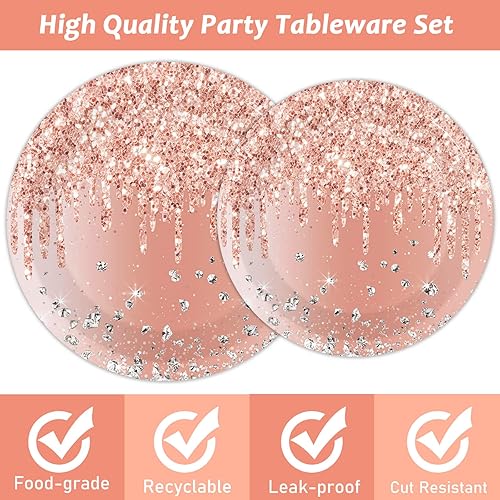 Miniatura 4 de Tevxj Juego de vajilla de cumpleaños de 96 piezas en rosa y oro rosa, vajilla desechable para cena, platos de postre y servilletas, tenedores para