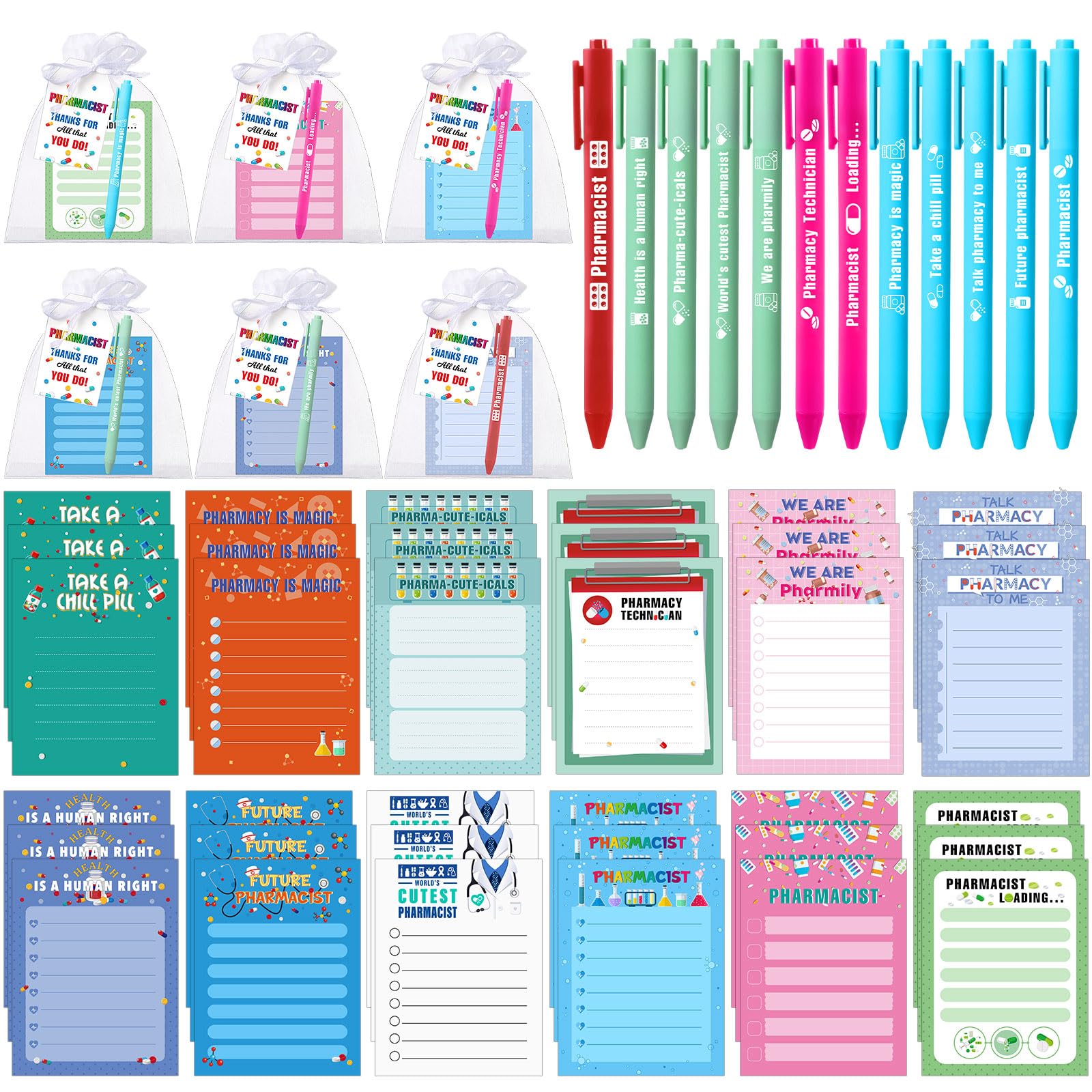 Fullhawl 36 Sets Pharmacy Gifts Includes Pharmacist Sticky Notes and Pharmacist Pens with Tags Organza Bags Bulk for Pharmacy Week Appreciation Gifts