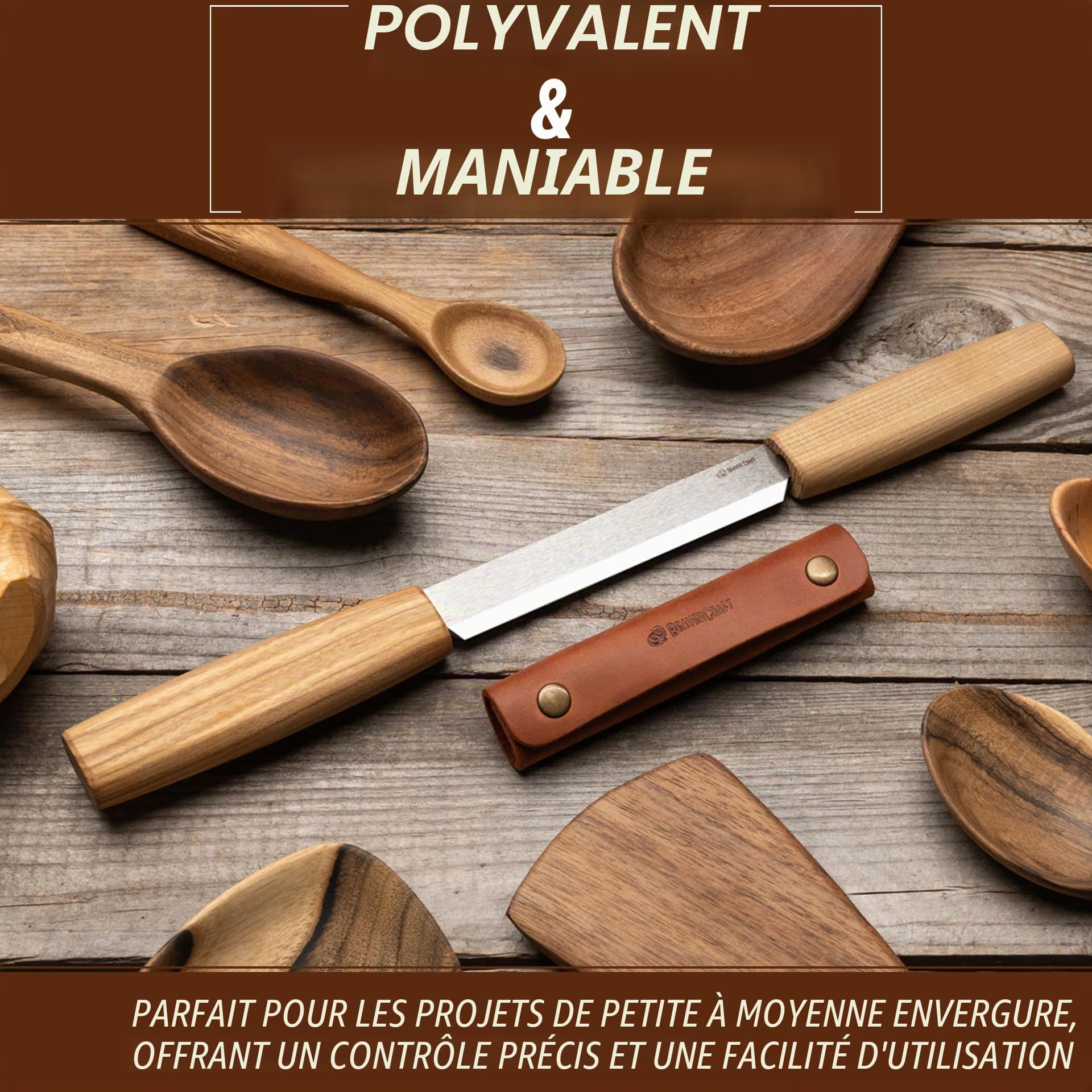 BeaverCraft Couteau à Dégrossir 11 cm Drawknife Sculpture Bois avec Étui en Cuir DK2s, Couteau de Taille pour Façonnage, Sculpture Cuillère, Détail et Travail du Bois, Outils de Whittling