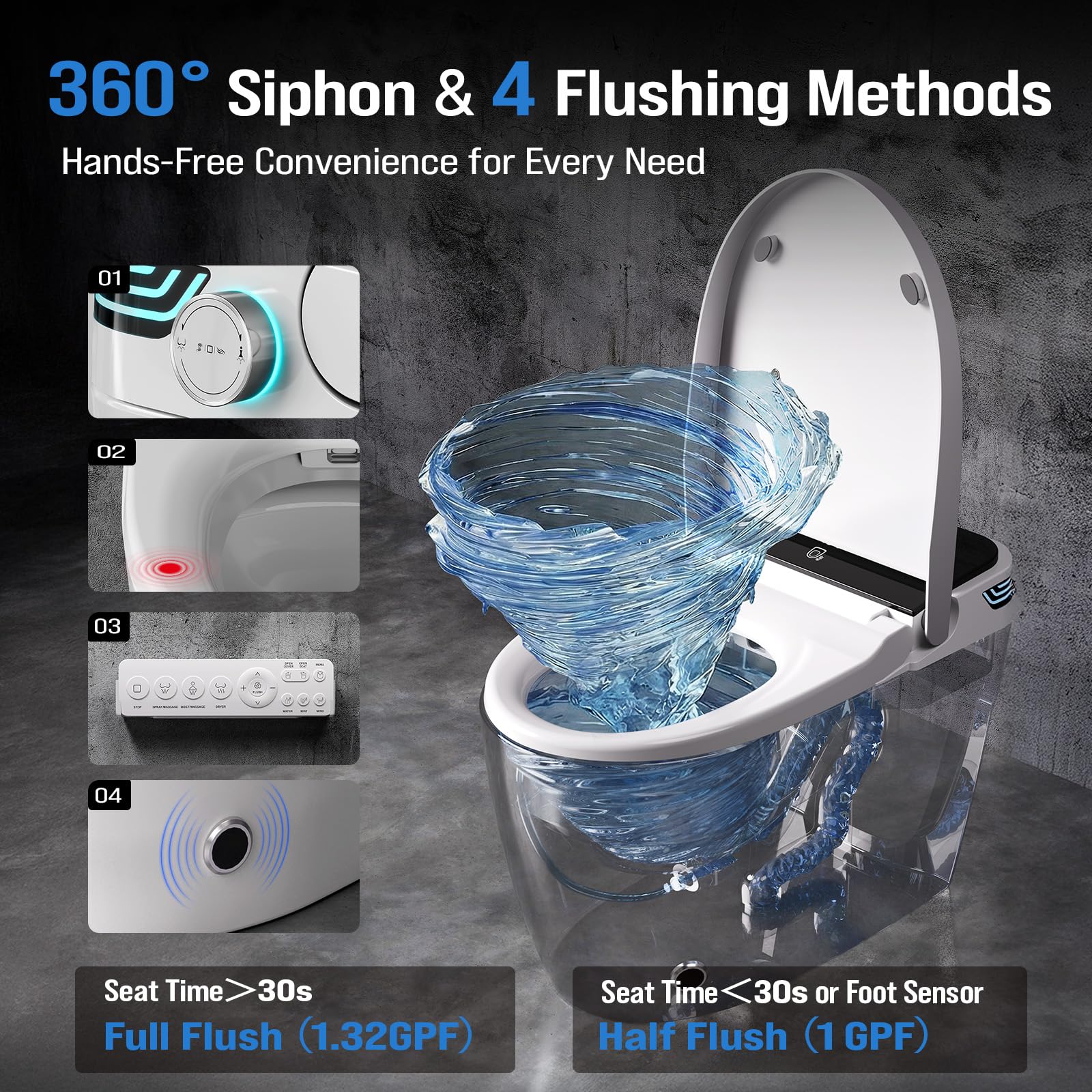 Tankless Smart Toilet Bidet with Auto Open Close Dual Auto Flush Heated Seat Air Dryer Multiple Cleaning Modes — view 3