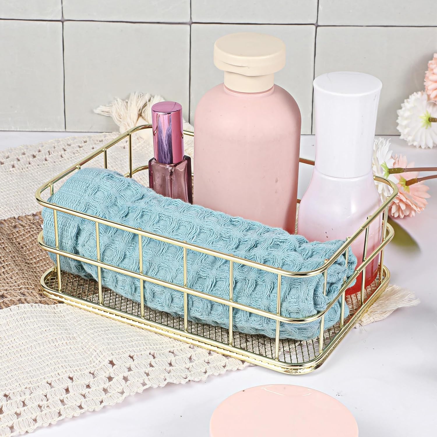 Gold Metal Wire Basket, 6.7 x 4.7 x 2.4 Inch Small Storage Basket Stackable Metal Wire Mesh Bin for Organizing for Home Desk Pantry Bathroom Kitchen Countertop, Gold image 5