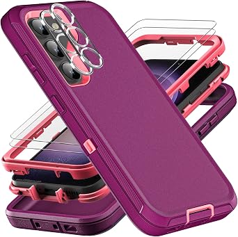 YKHJKLEC for Samsung Galaxy S23 Case, ONLY, [NOT FIT Galaxy S23 FE/S23 Plus/S23 Ultra], Military Grade 3 in 1 Case with 2Pcs Tempered Glass Screen Protector & Camera Lens Protector Purple/Pink