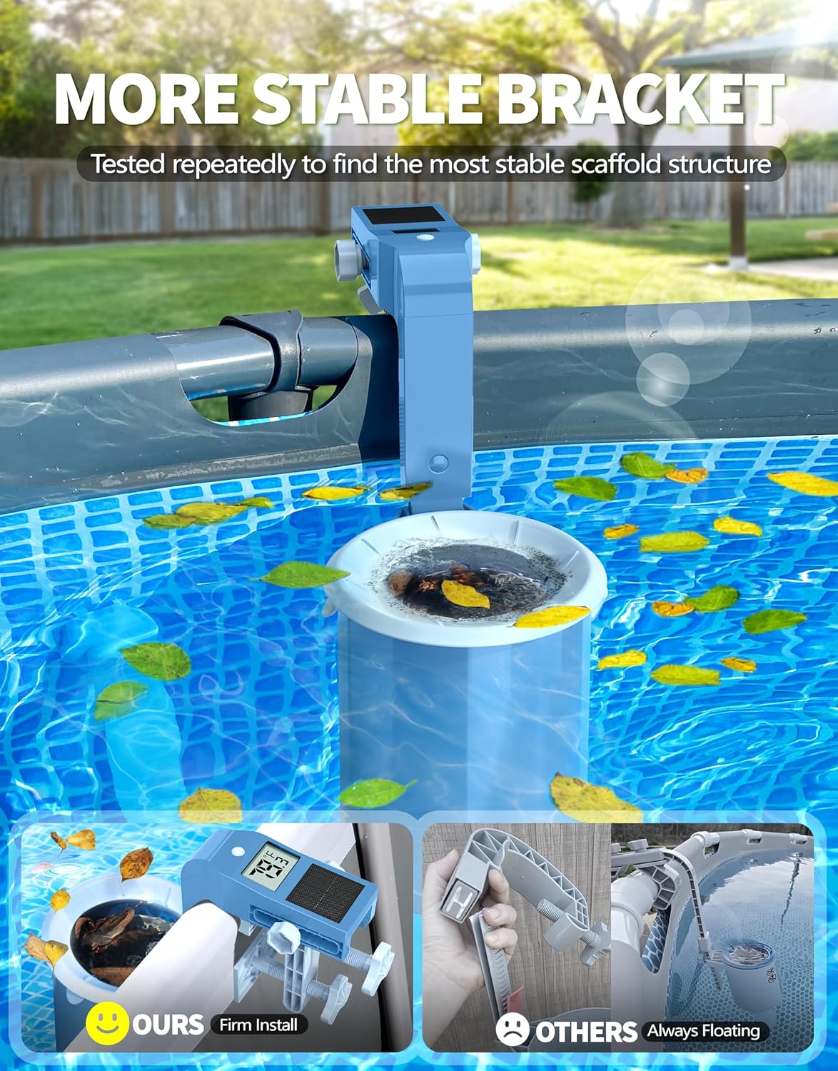 BluSwim Above Ground Pool Skimmer with Solar Digital Thermometer | Wall Mount Surface Skimmer - Auto Skimming Pool Floating Debris | 2 Upgraded Bracket - Stable&Height Adjustable-Steel Blue