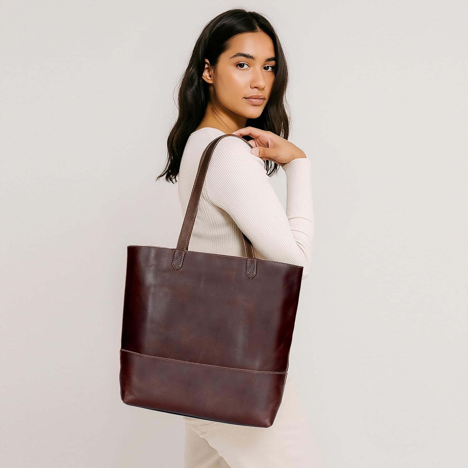 Genuine Leather Tote Bag for Women – Large Shoulder Handbag, Vintage Brown Purse, Stylish Work & Travel Tote Fits Laptop (Victoria Dark Brown) - Image 6