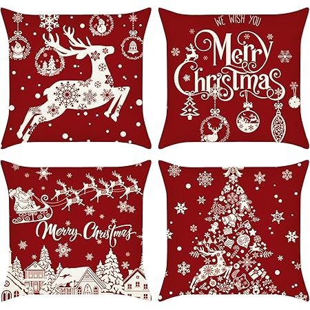 Set 4 Federe Cuscino Natalizie Con Pupazzo Di Neve E Babbo Natale – Rosa, 100% Poliestere, Cerniera Invisibile, 50x50cm