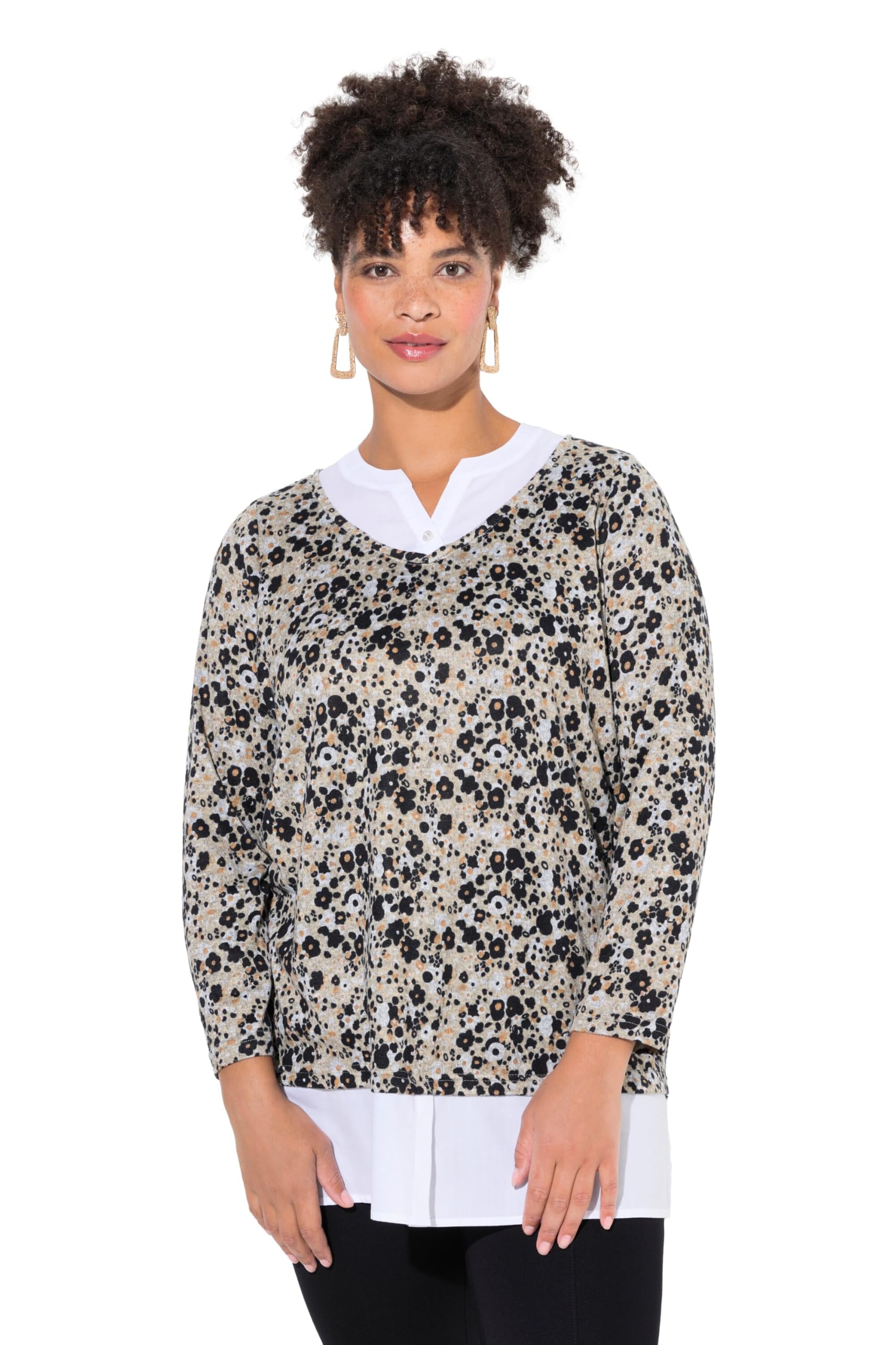 MIAMODA Damen große Größen Übergrößen Plus Size 2-in-1-Pullover, A-Linie, floraler Feinstrick, Bluseneinsatz 837463