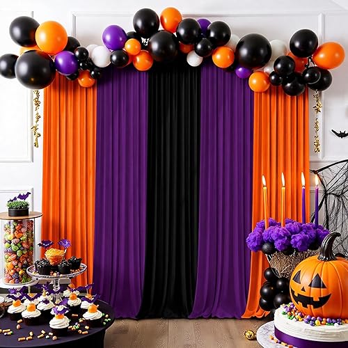 Cortina tipo telón de fondo de Halloween, 10 x 10 pies, color negro, naranja, morado, decoración de fondo para fiestas espeluznantes, cabinas de