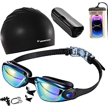 6 in 1 Swim Goggles for Adult with Swim Cap and Phone Pouch No Leak UV & Anti-Fog, Wide Visio HD Mirror PC Lens