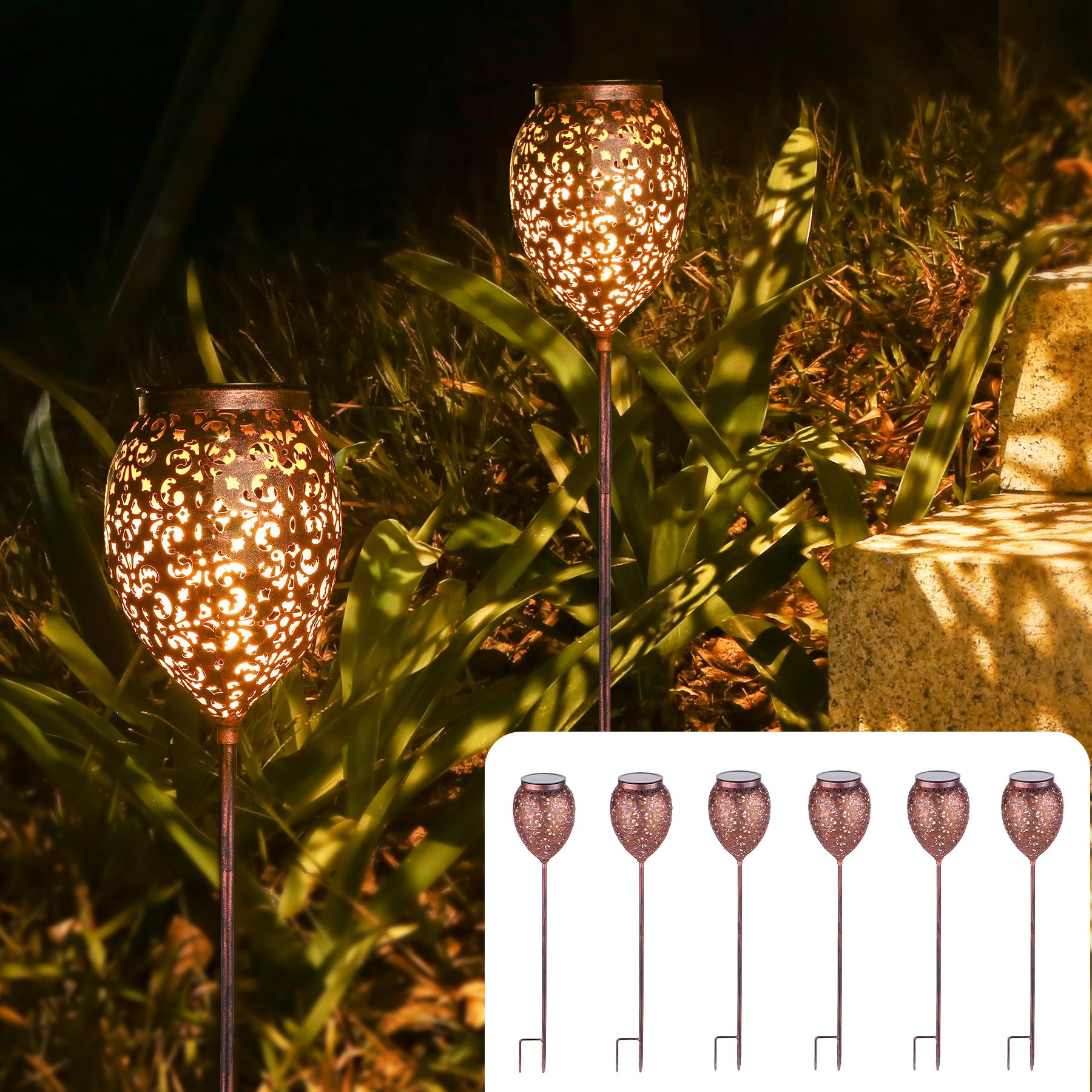 JOYCREATOR Metall Solarlampen für Außen Garten 6 Stück, Solarleuchten für Außen IP65 Wasserdicht, Vintage Gartenleuchten Solar Höhenverstellbar mit Erdspieß für Balkon Terrasse Weg Hof Rasen (Kupfer)