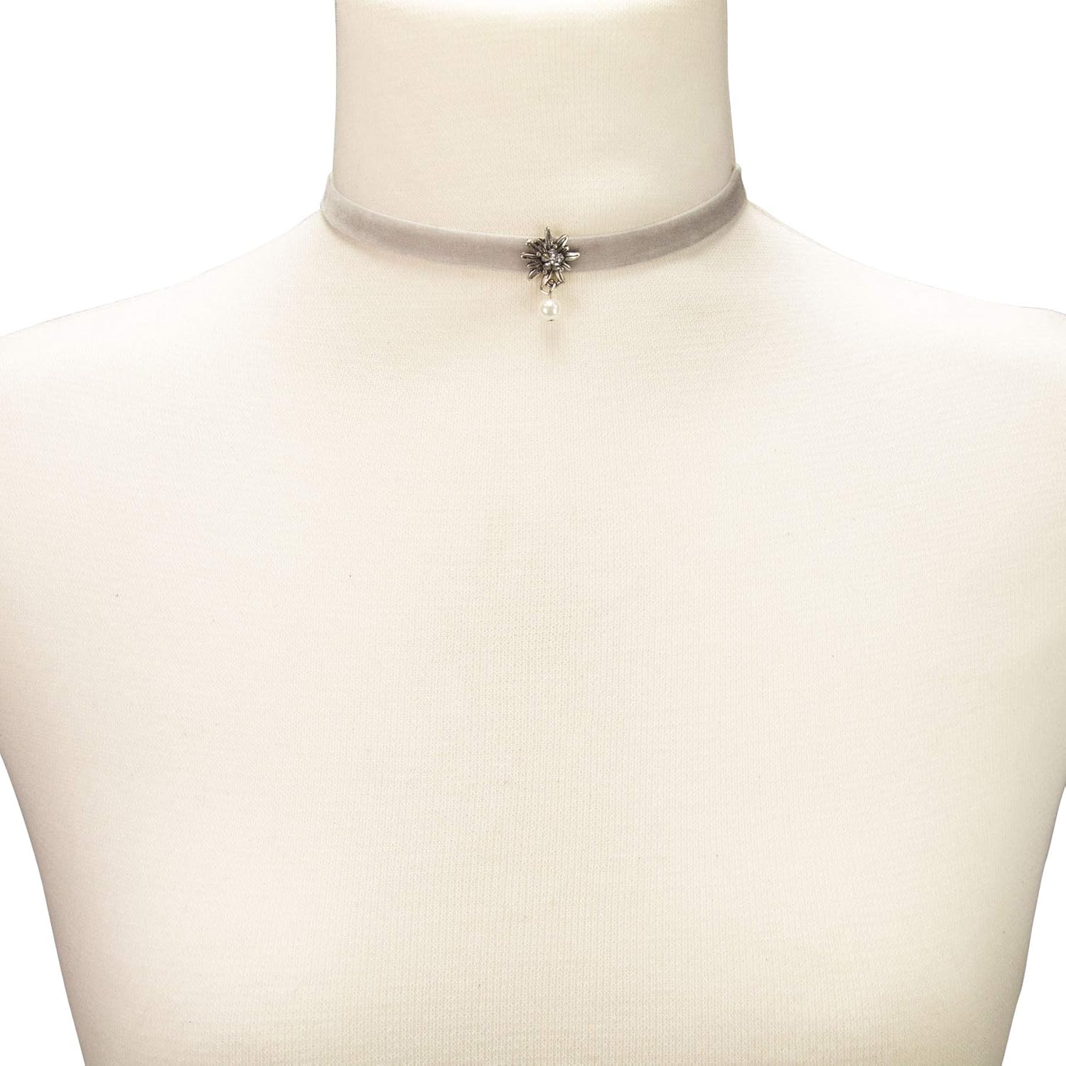 Alpenflüstern Velvet Choker Rhinestone Edelweiss with Pearl (grey) | Traditional German Necklace for Women | Elastic | Original Bavarian Jewelry for Dirndl Costume Dress & Oktoberfest - Image 3