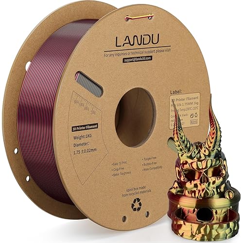 LANDU Silk Tri-Color PLA Filament 1.75mm 1Kg, Triple Color Silk PLA Filament, Silk Rainbow PLA Filament, Neatly Wound 3D Printer Filament, 3 in 1 Multi Color Filament +/-0.02mm, Silk Black Red Gold